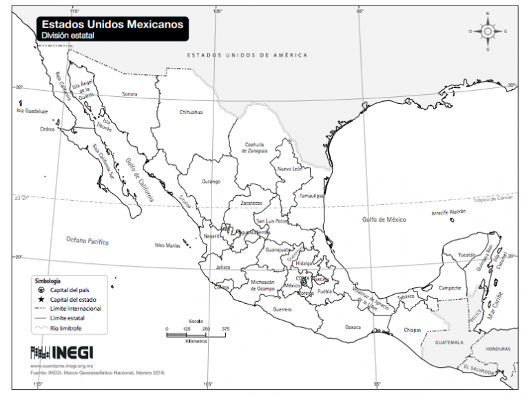 Mapa de México - Con y sin: color, nombres y otros elementos