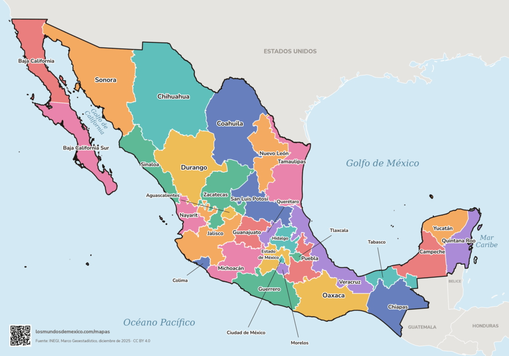 Mapa de la República Mexicana con los nombres de los 32 estados, a color