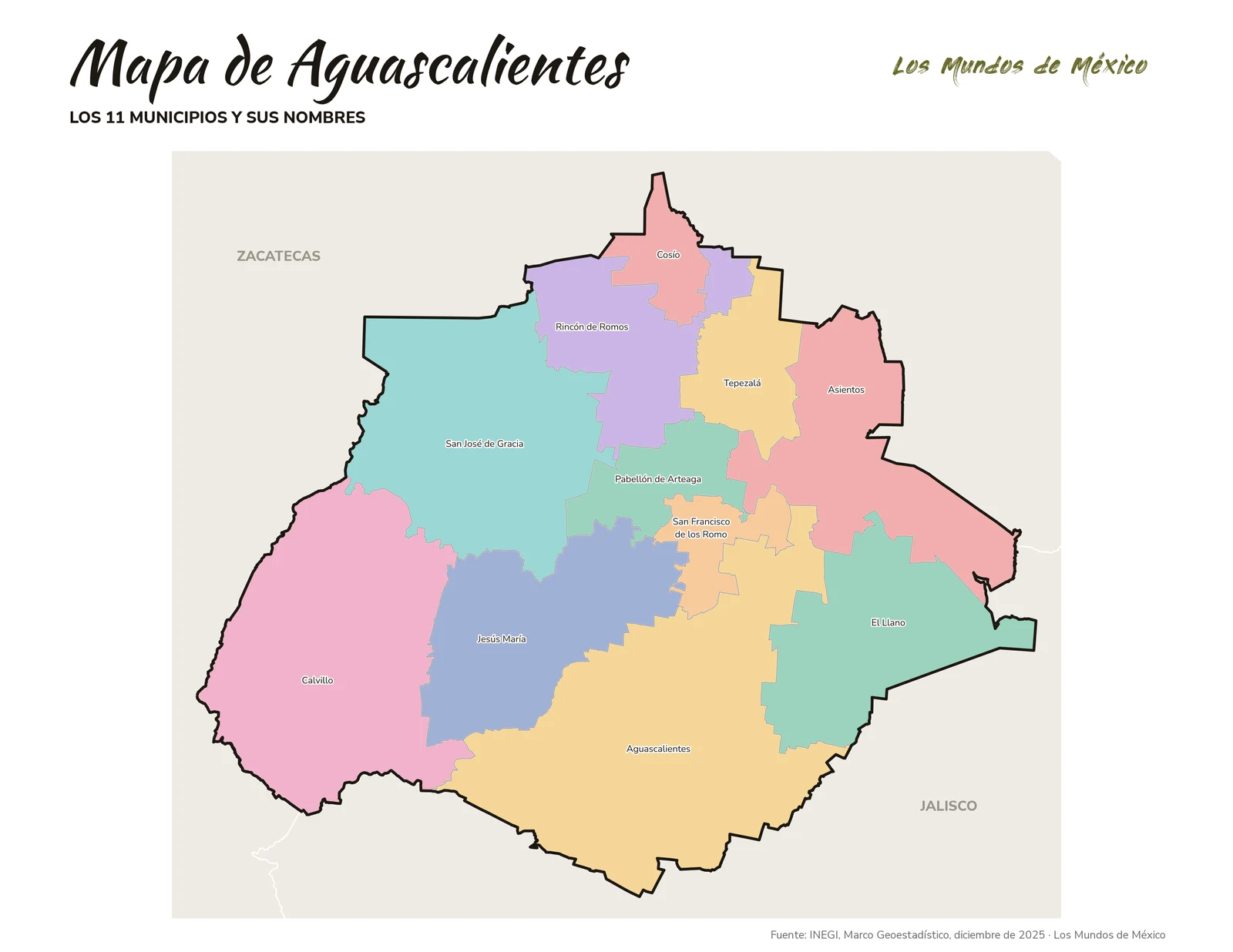 Mapa de Aguascalientes con nombres de municipios