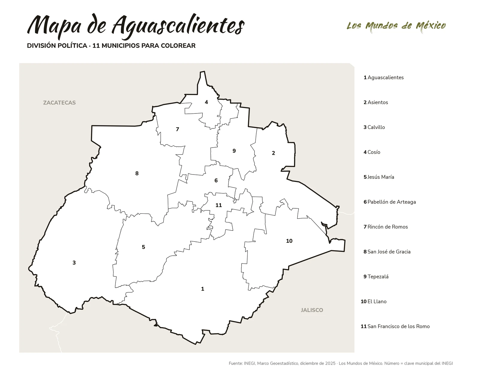 Mapa de Aguascalientes: división política para colorear