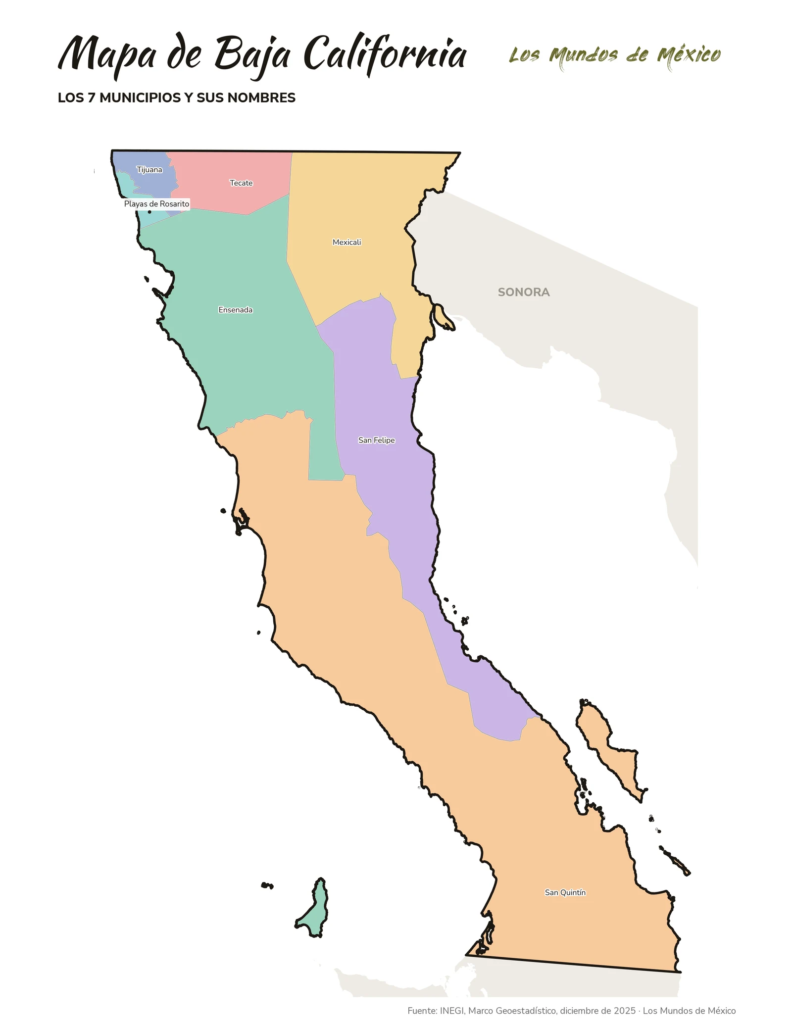 Mapa de Baja California con nombres de municipios