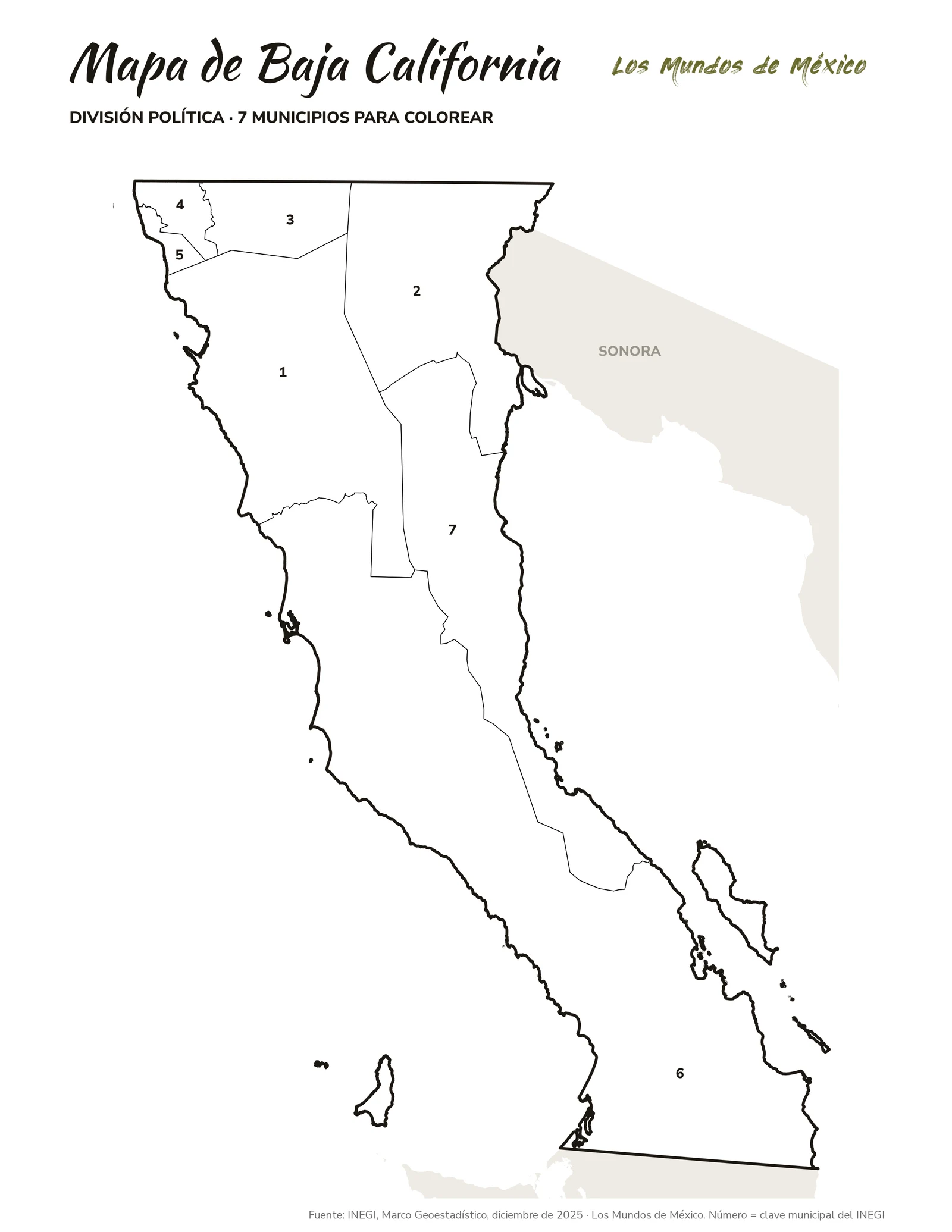 Mapa de Baja California: división política para colorear