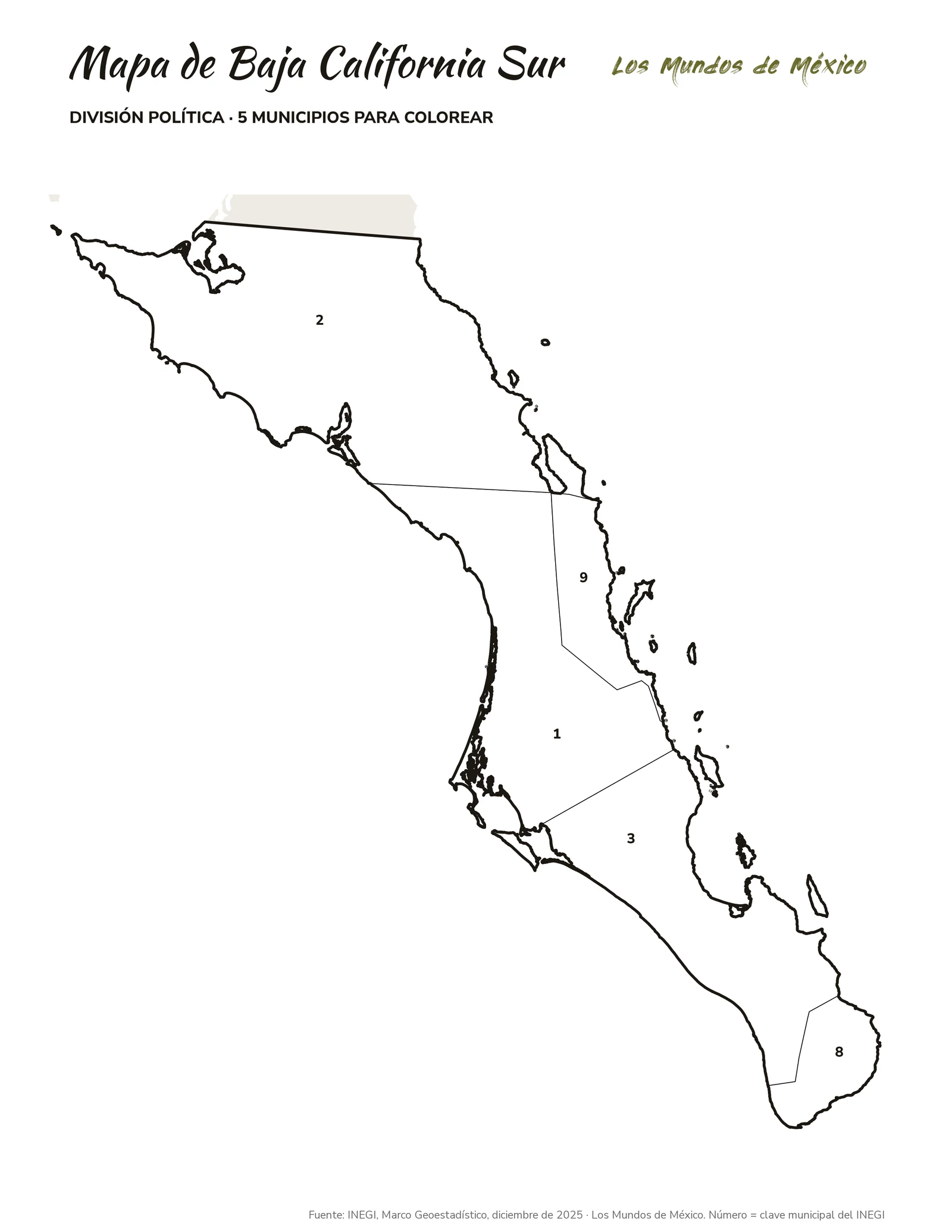 Mapa de Baja California Sur: división política para colorear