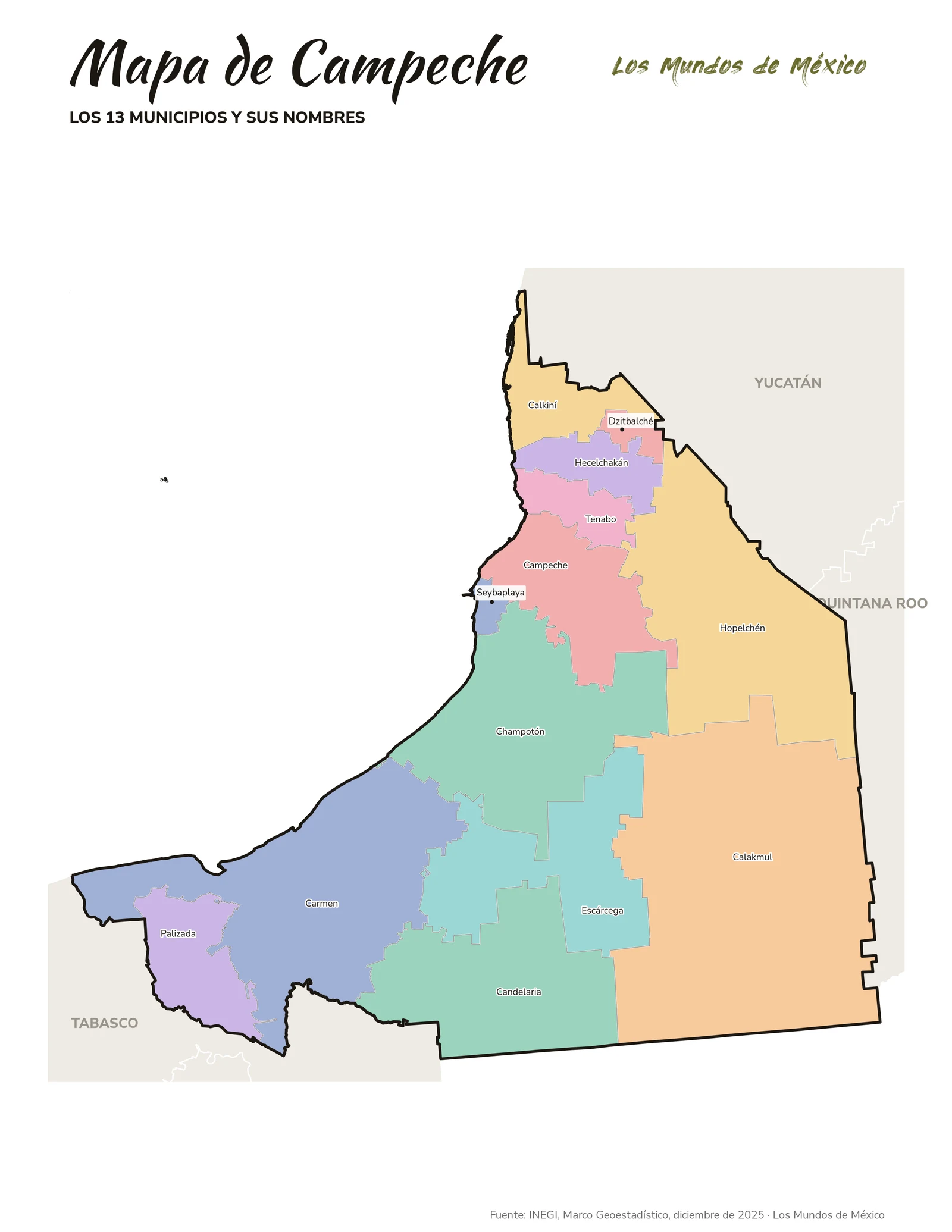 Mapa de los municipios de Campeche con nombres