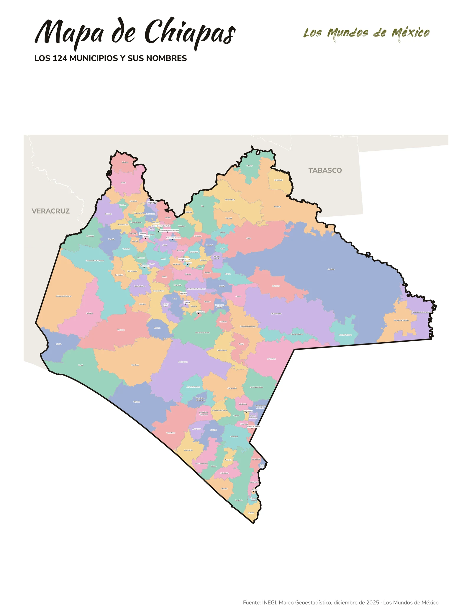 Mapa de Chiapas con nombres de municipios