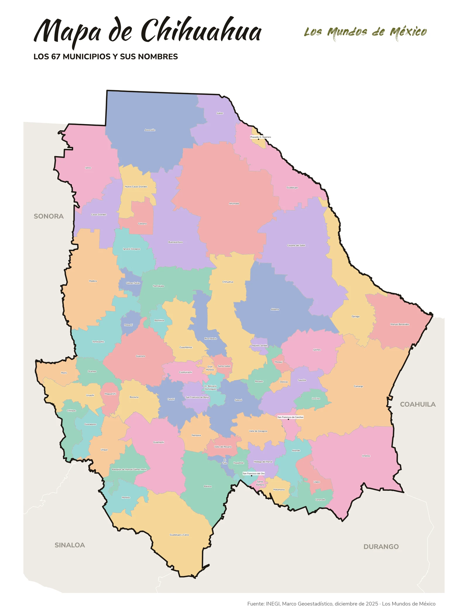 Mapa de Chihuahua con nombres de municipios