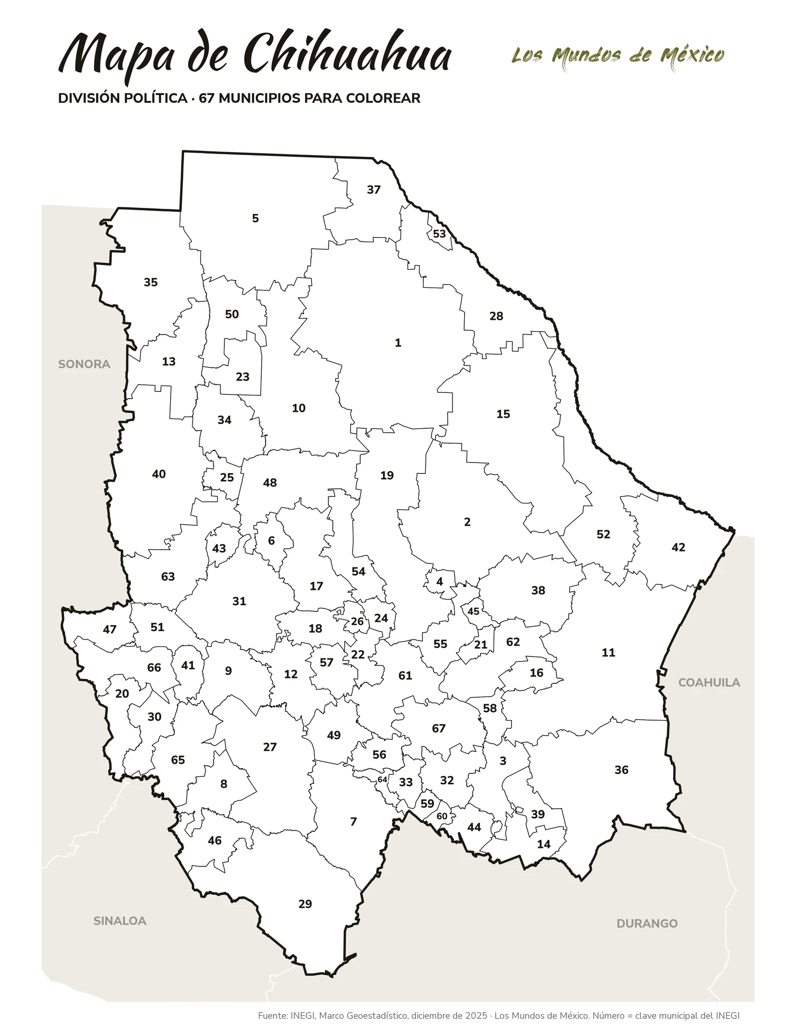 Mapa de Chihuahua: división política para colorear