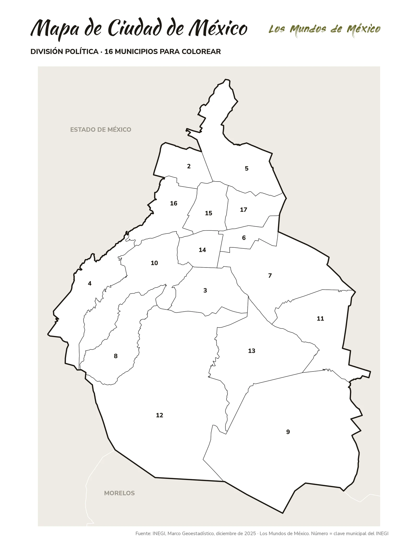 Mapa de Ciudad de México: división política para colorear