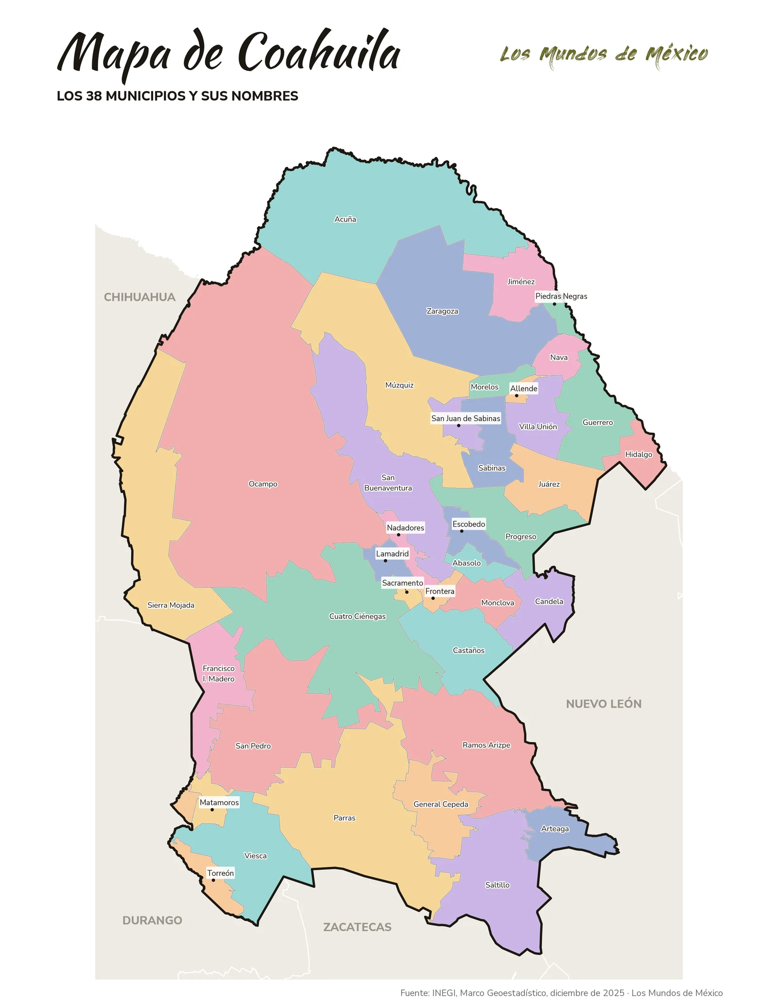 Mapa de Coahuila de Zaragoza con nombres de municipios