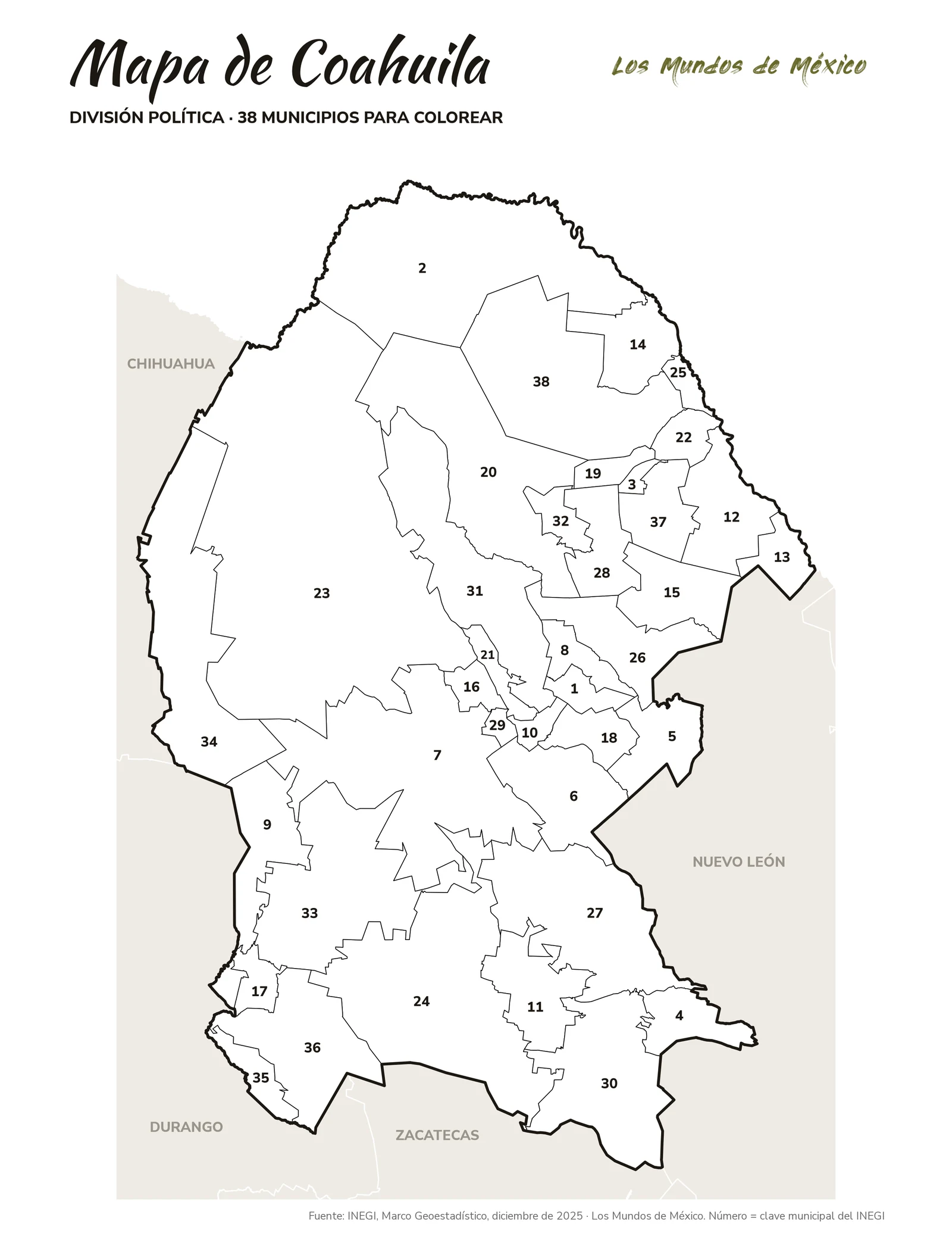 Mapa de Coahuila de Zaragoza: división política para colorear