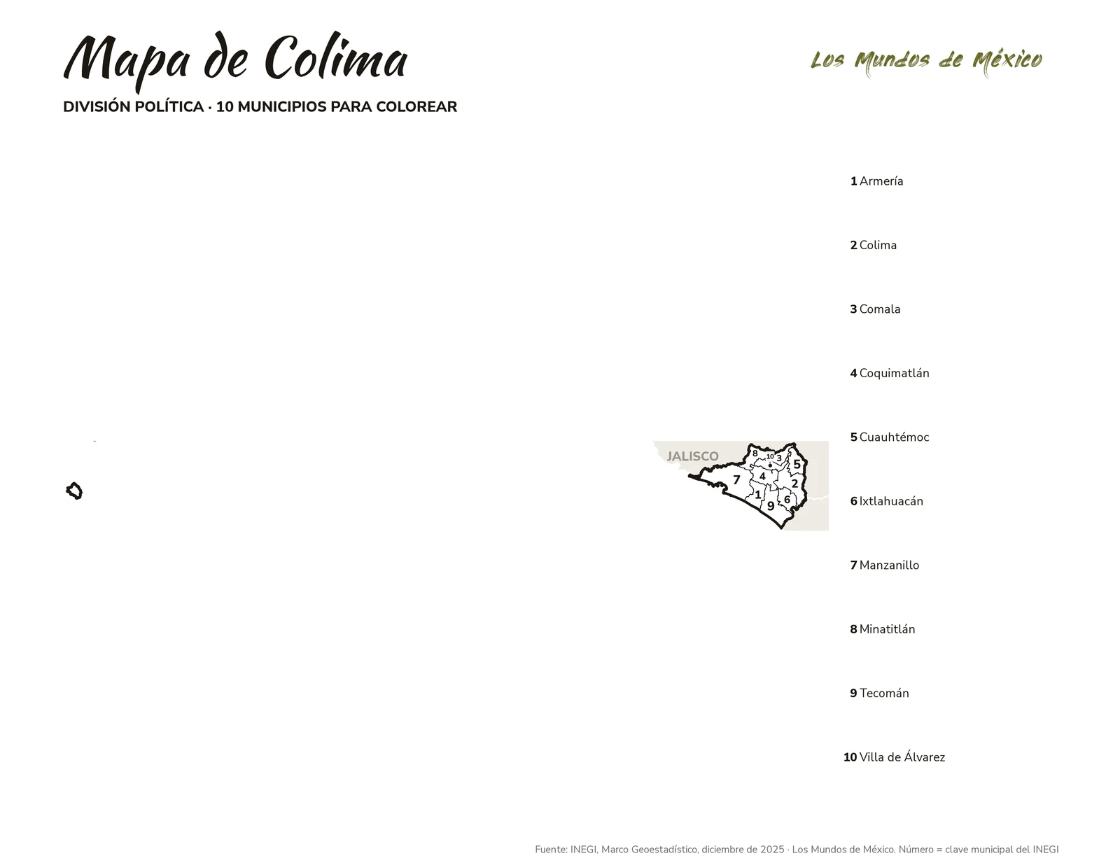 Mapa de Colima: división política para colorear