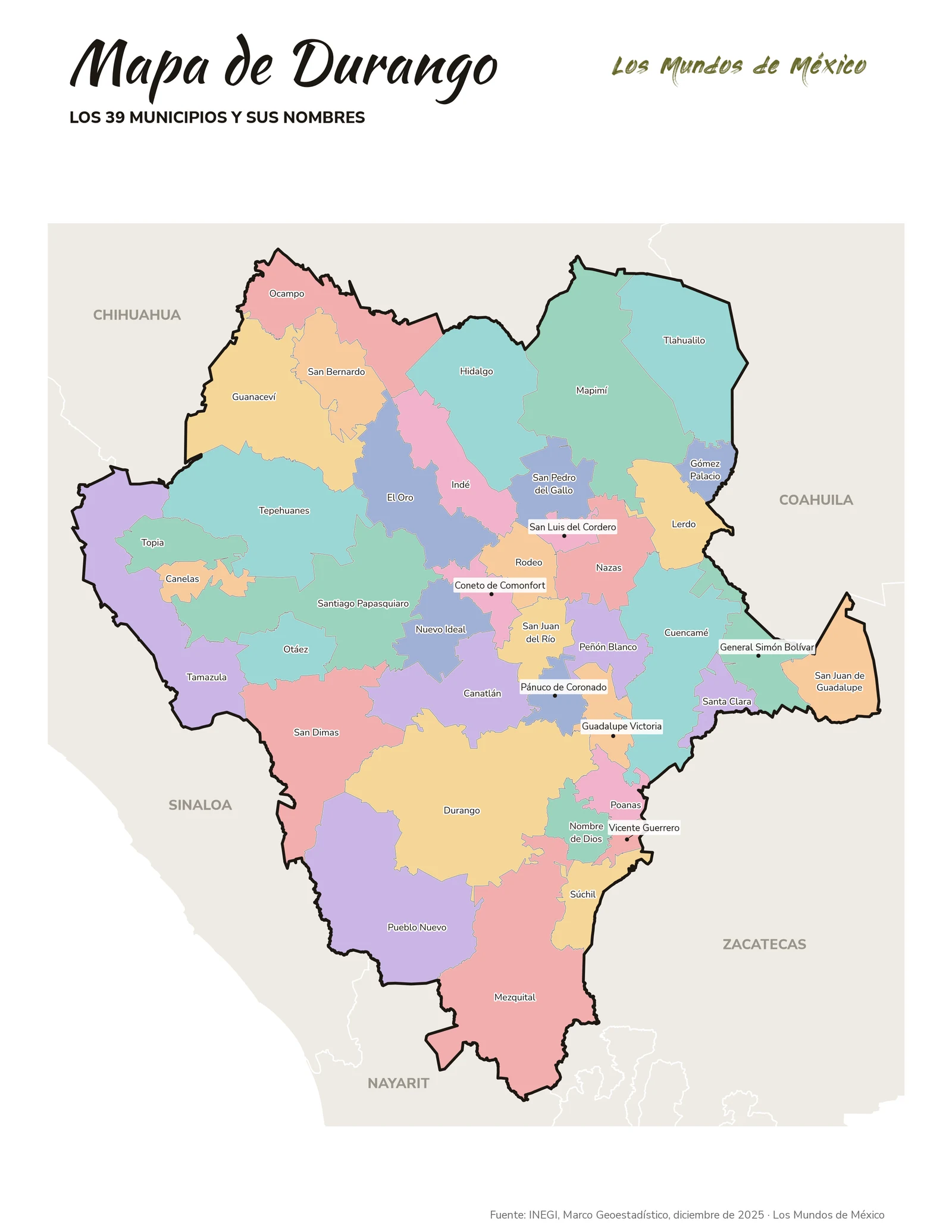 Mapa de Durango con nombres de municipios