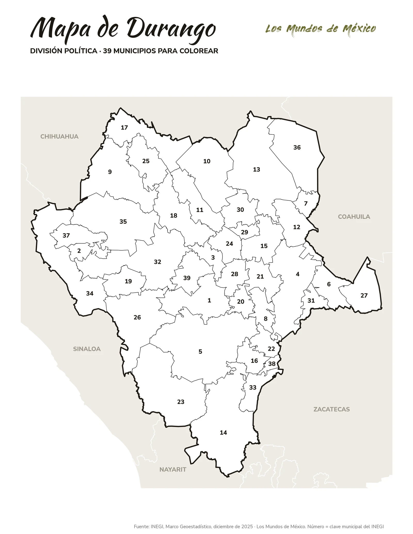 Mapa de Durango: división política para colorear
