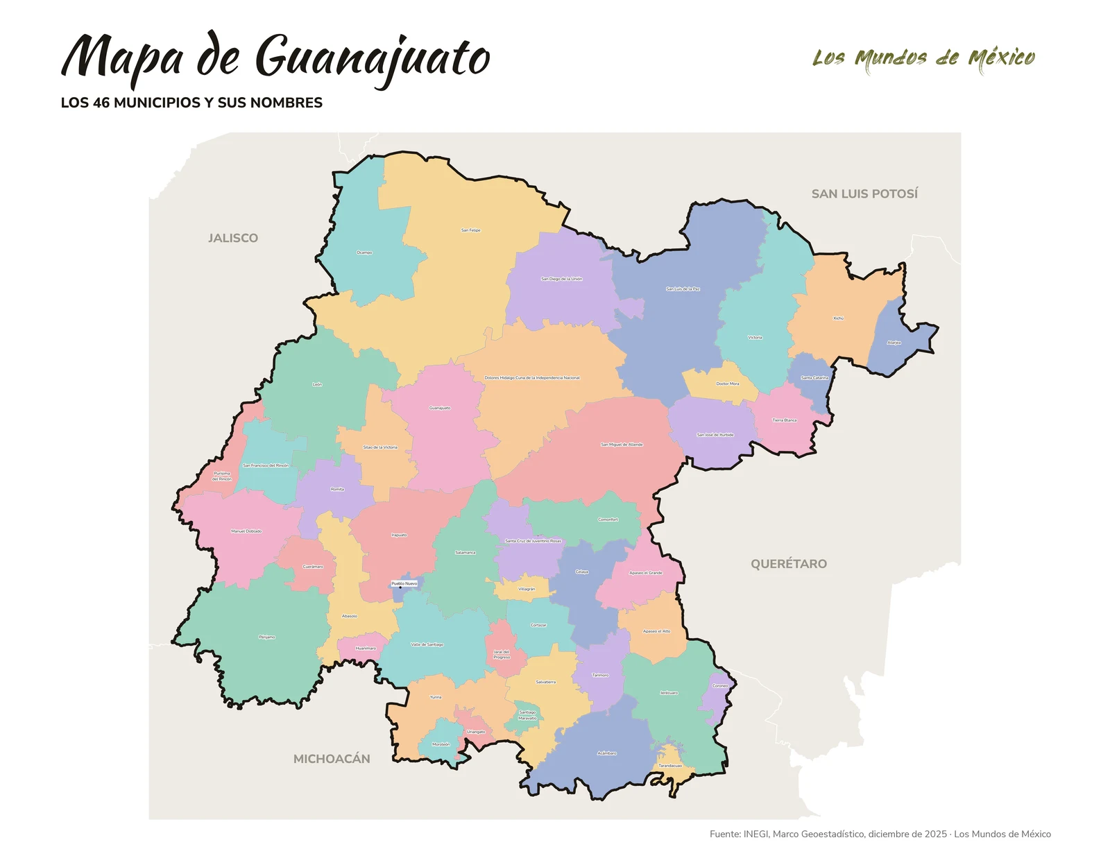 Mapa de Guanajuato con nombres de municipios