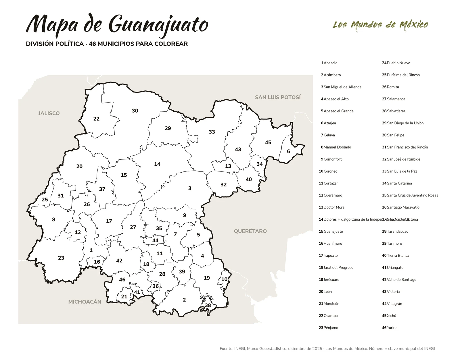 Mapa de Guanajuato: división política para colorear