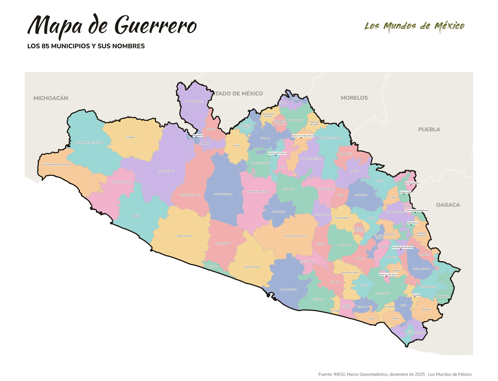 Mapa de Guerrero con nombres de municipios