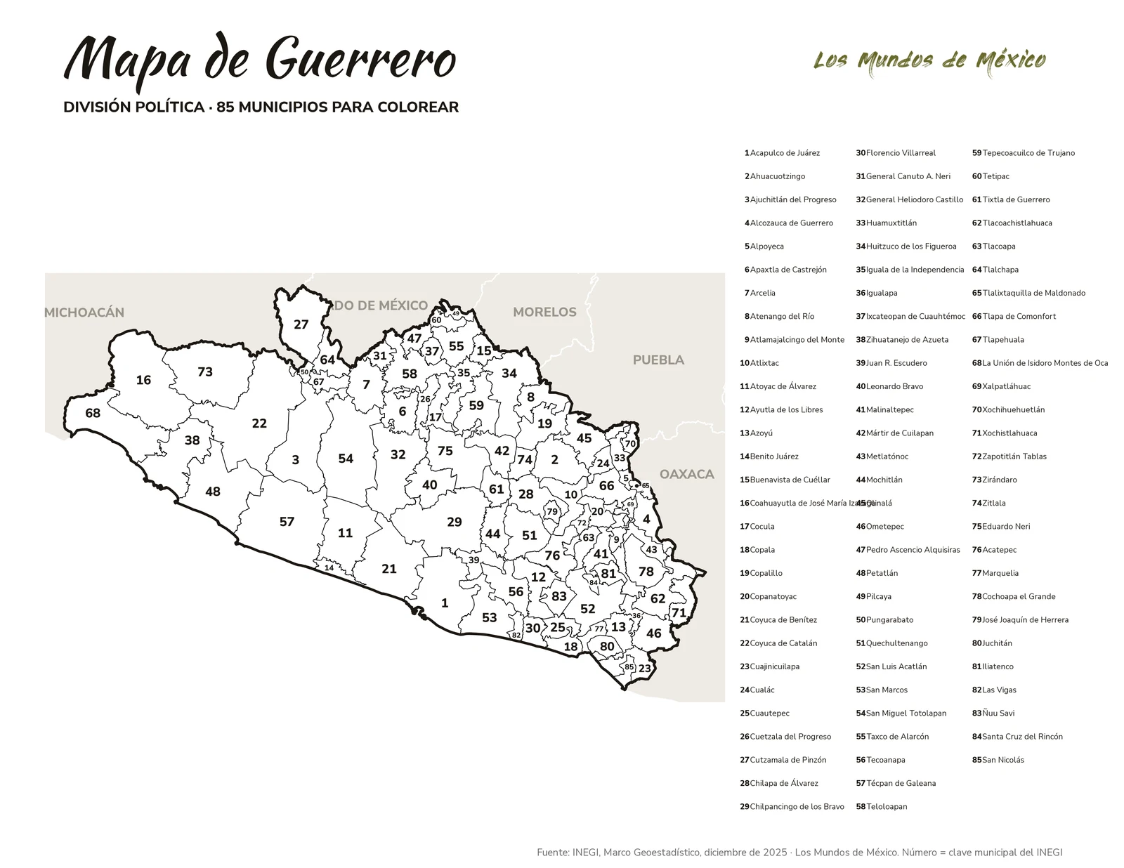 Mapa de Guerrero: división política para colorear