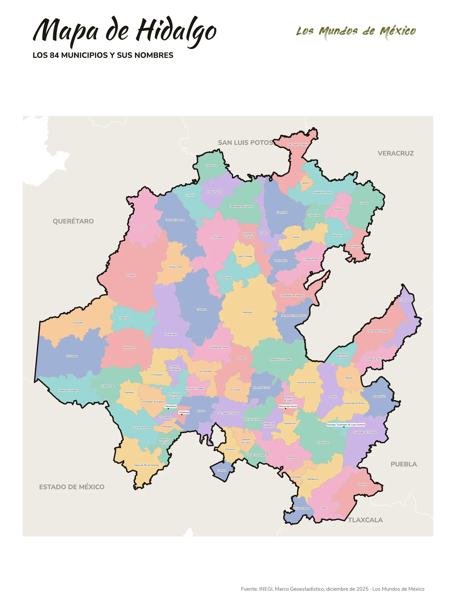 Mapa de Hidalgo con nombres de municipios