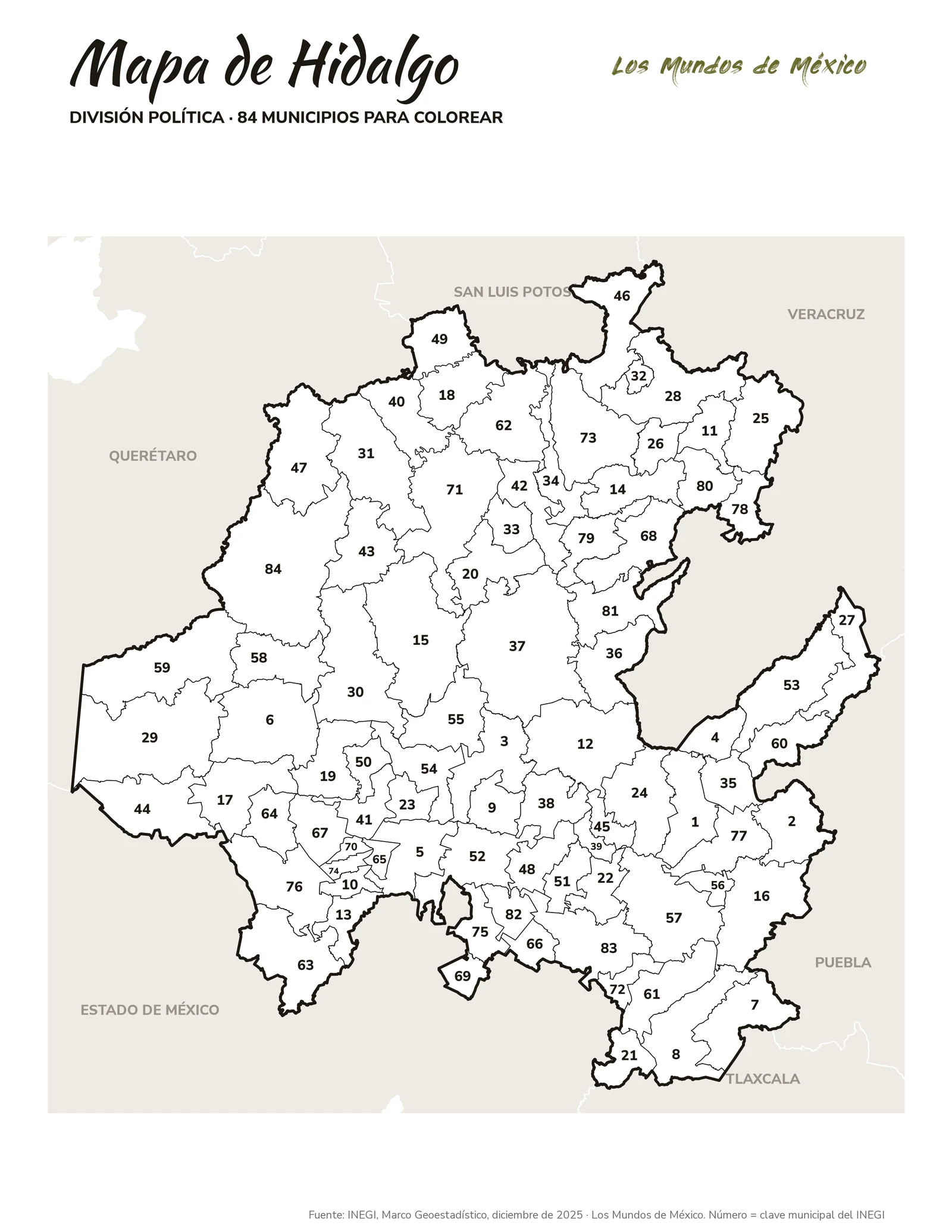 Mapa de Hidalgo: división política para colorear
