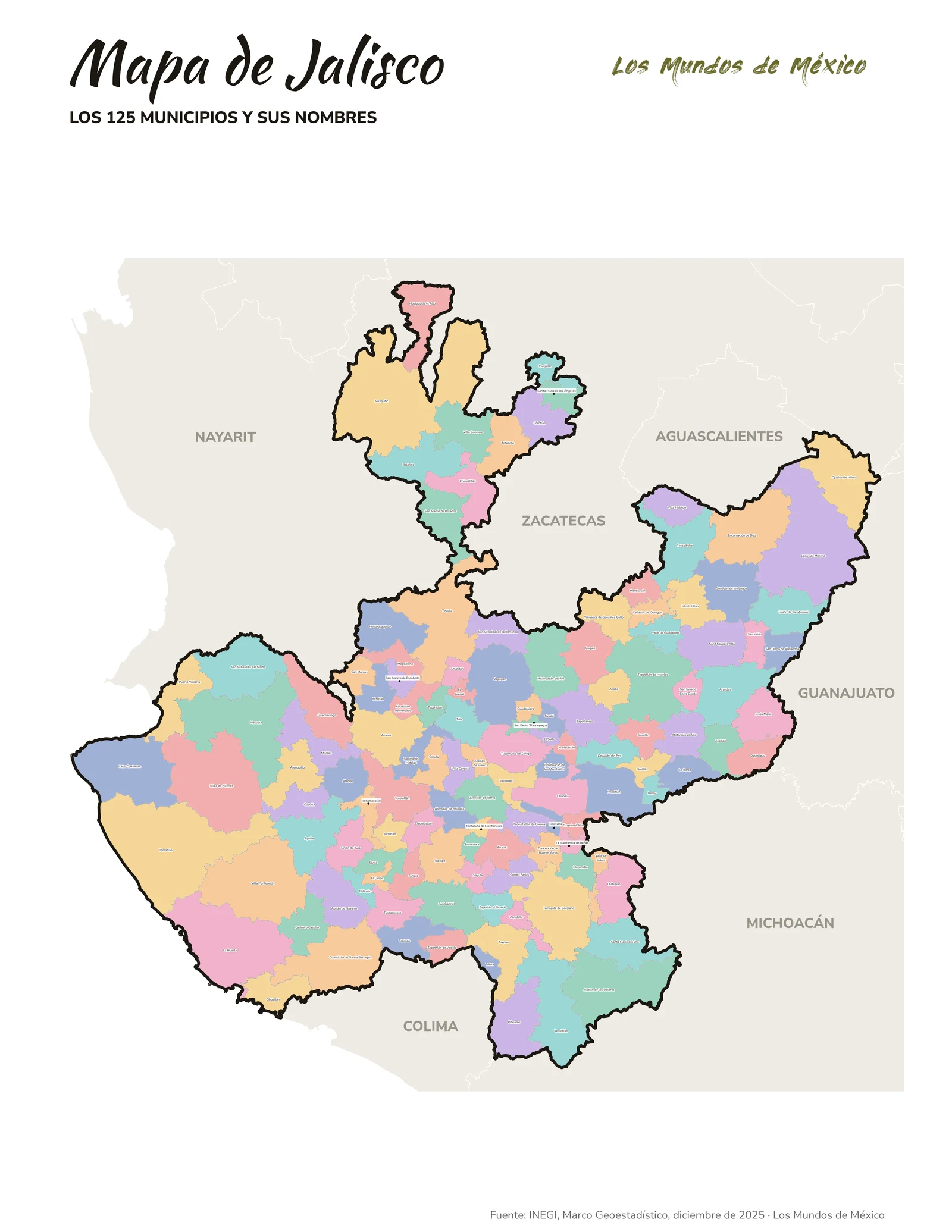 Mapa de Jalisco con nombres de municipios