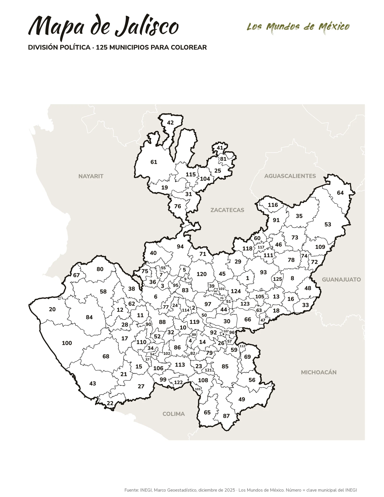 Mapa de Jalisco: división política para colorear