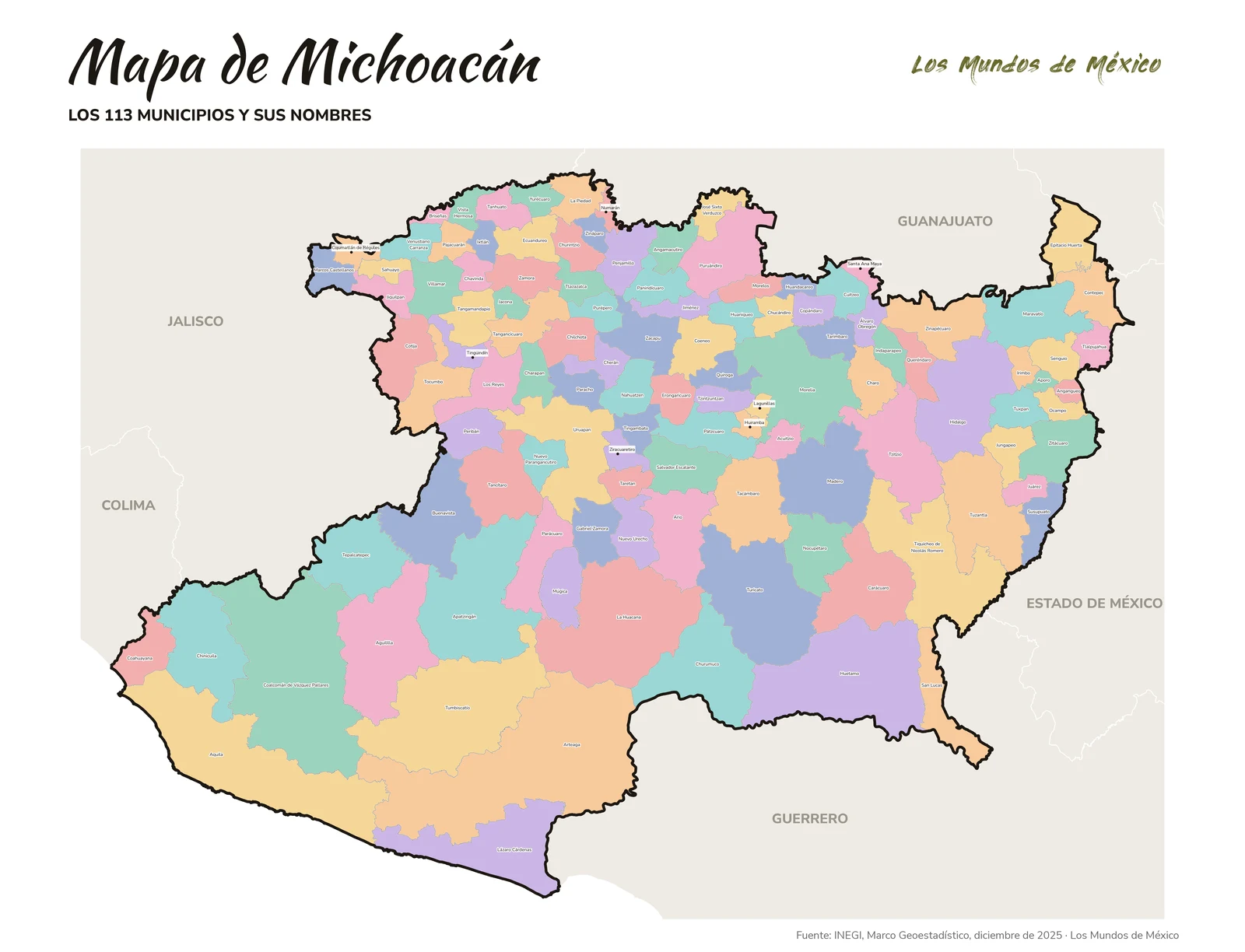 Mapa de Michoacán de Ocampo con nombres de municipios