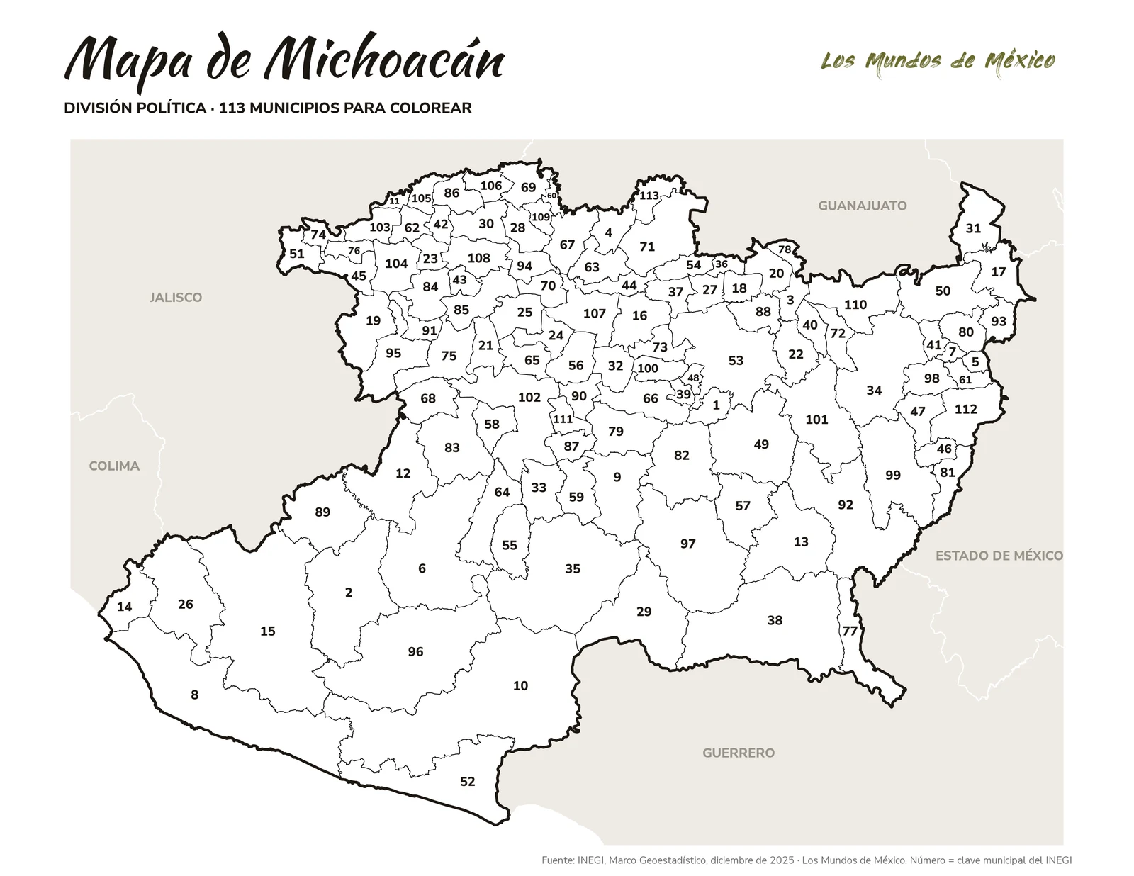 Mapa de Michoacán de Ocampo: división política para colorear