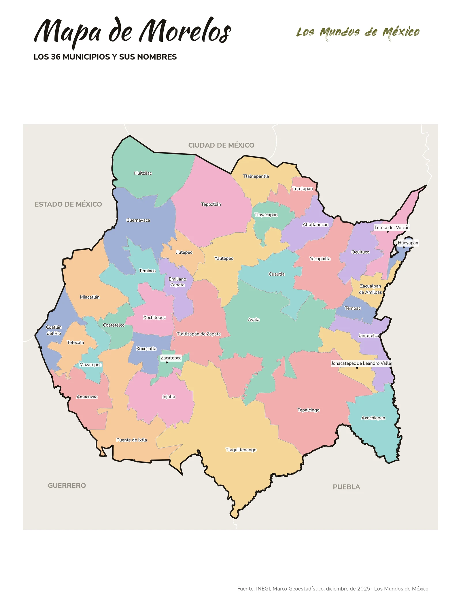 Mapa de Morelos con nombres de municipios