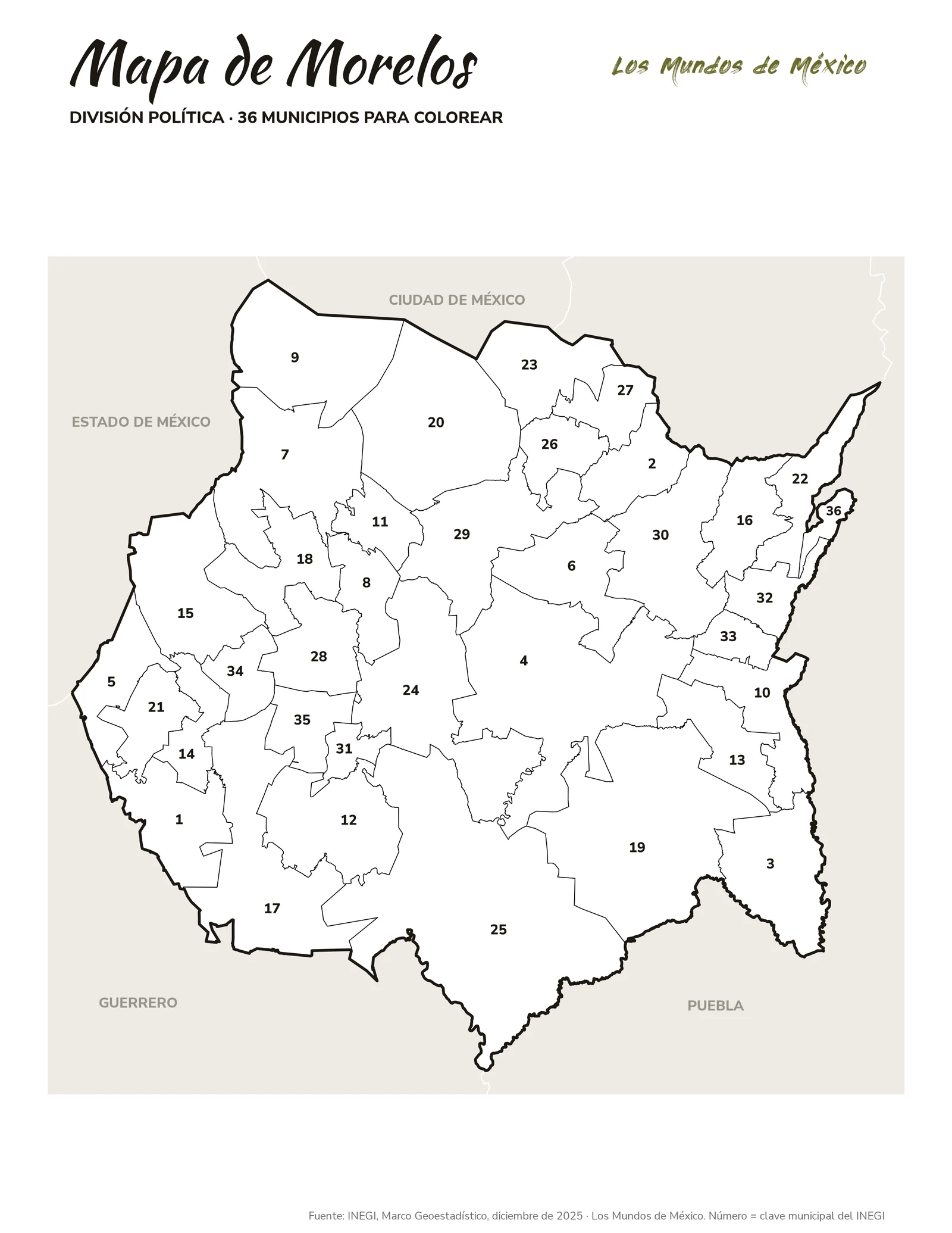 Mapa de Morelos: división política para colorear