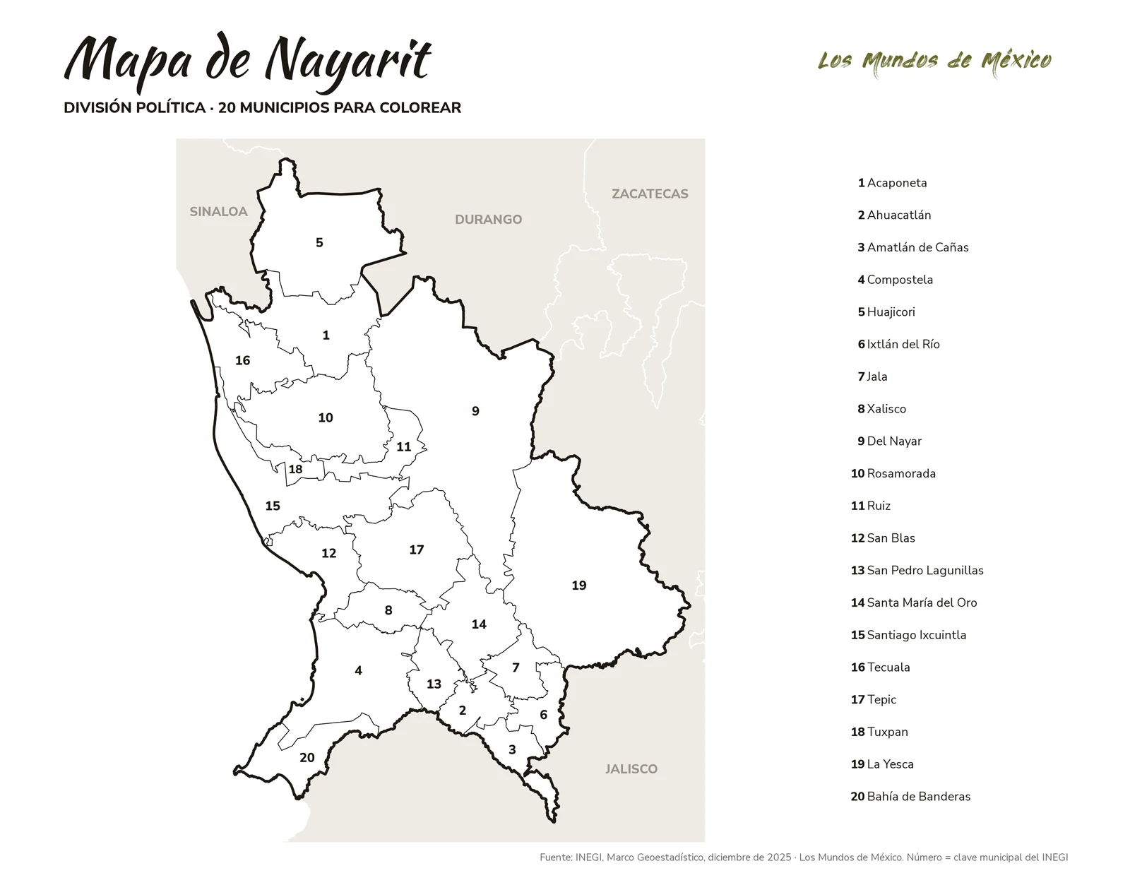 Mapa de Nayarit: división política para colorear
