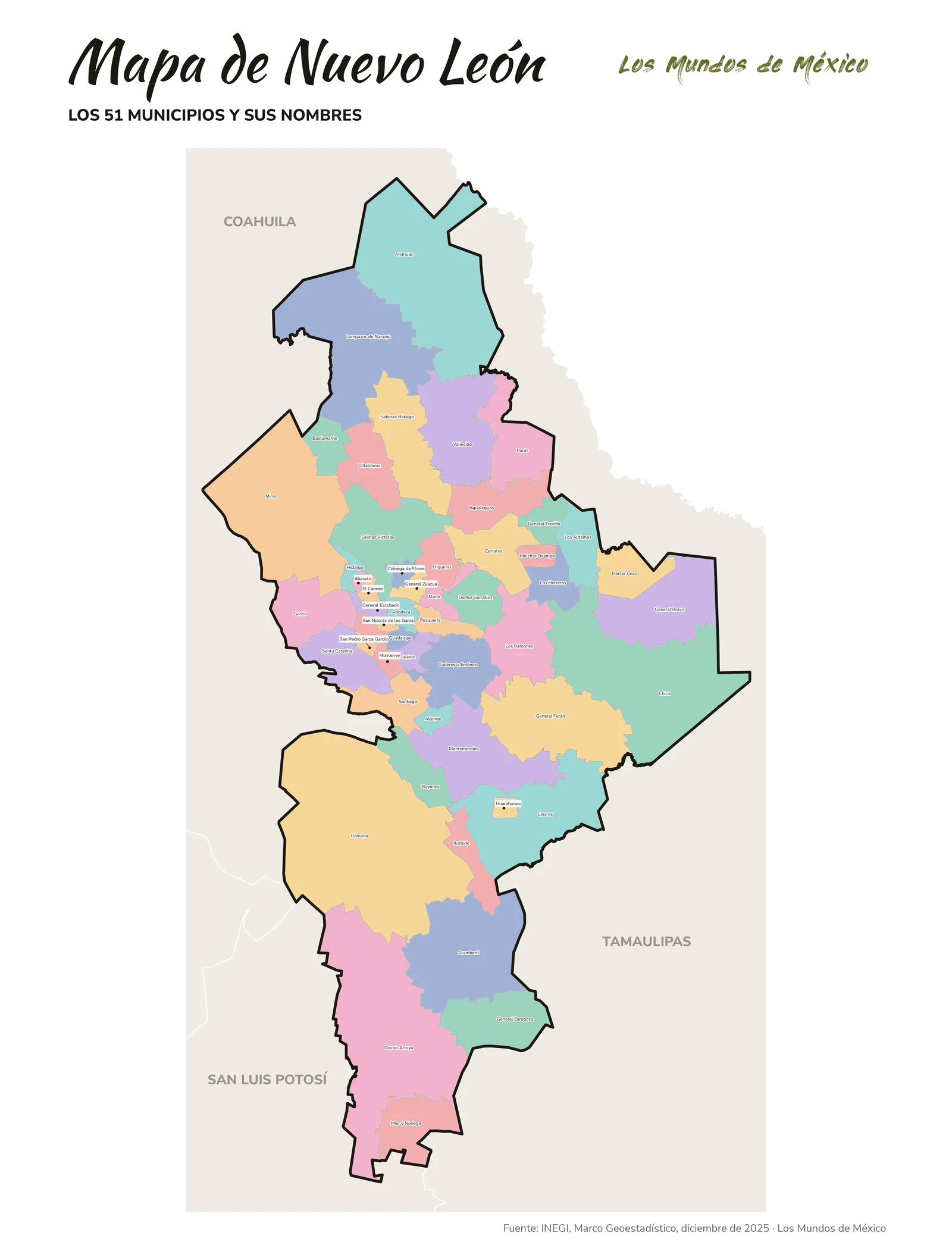 Mapa de Nuevo León con nombres de municipios