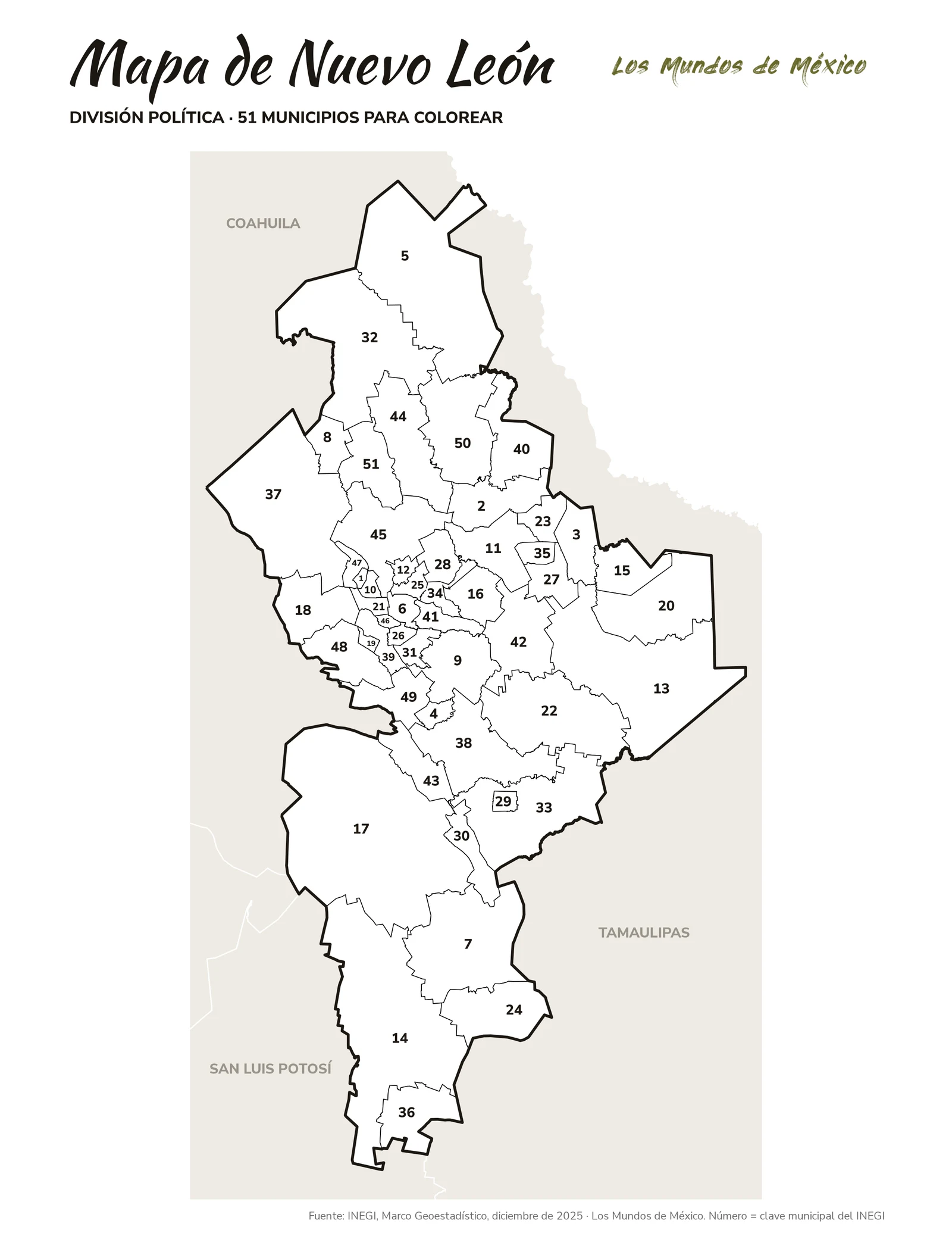 Mapa de Nuevo León: división política para colorear