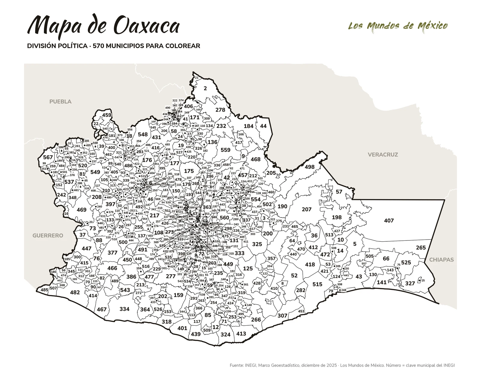 Mapa de Oaxaca: división política para colorear