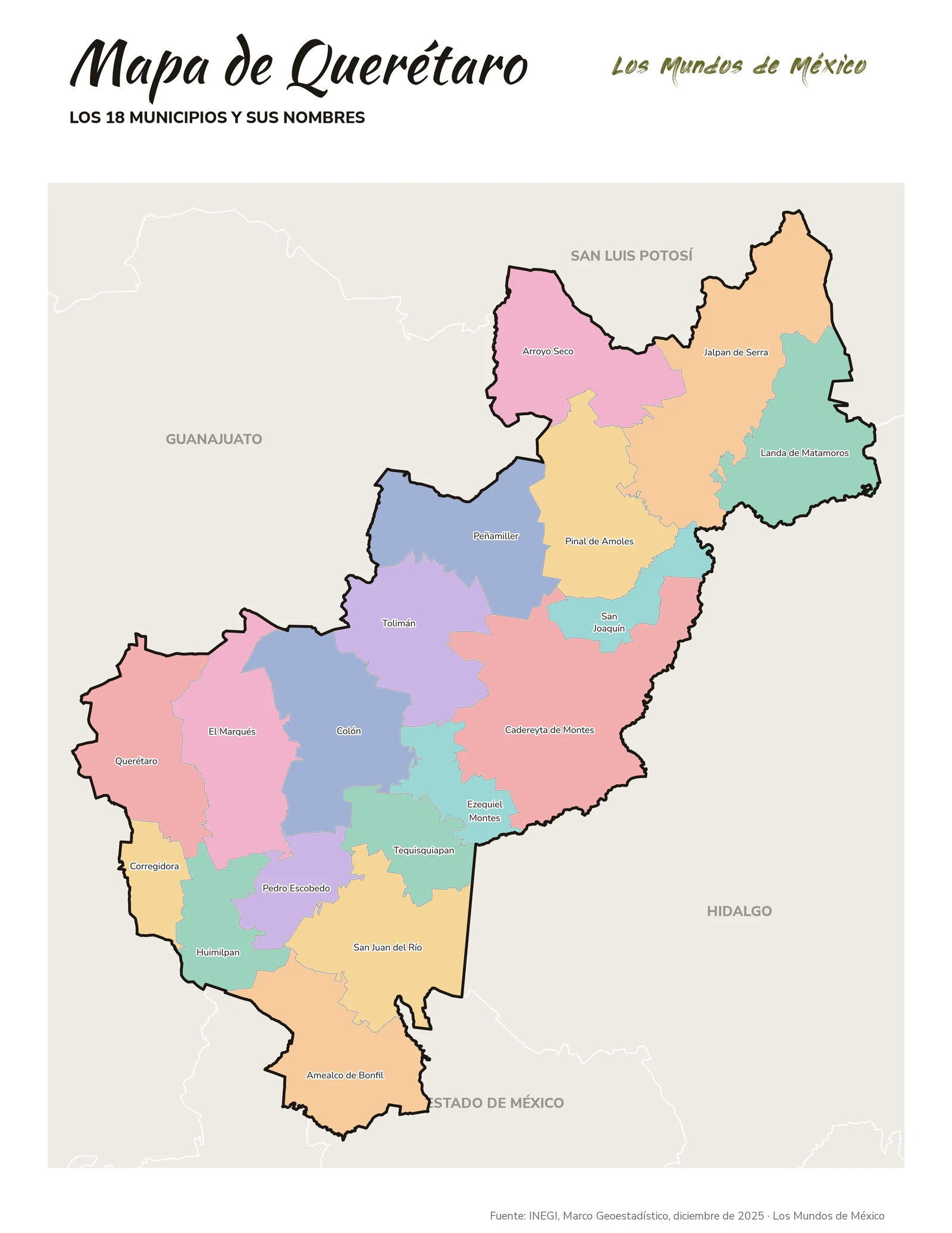 Mapa de Querétaro con nombres de municipios
