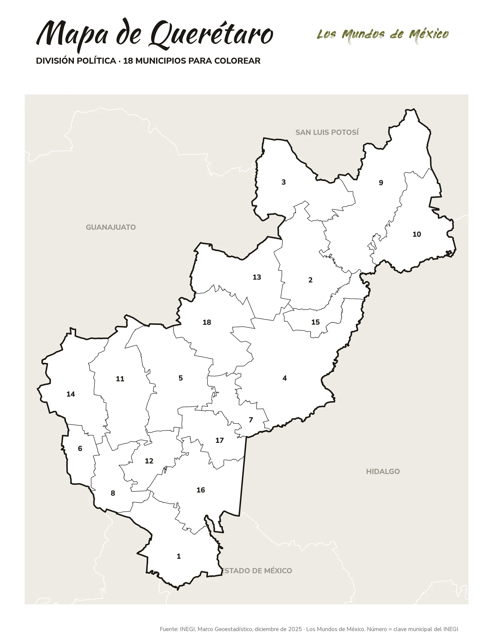 Mapa de Querétaro: división política para colorear