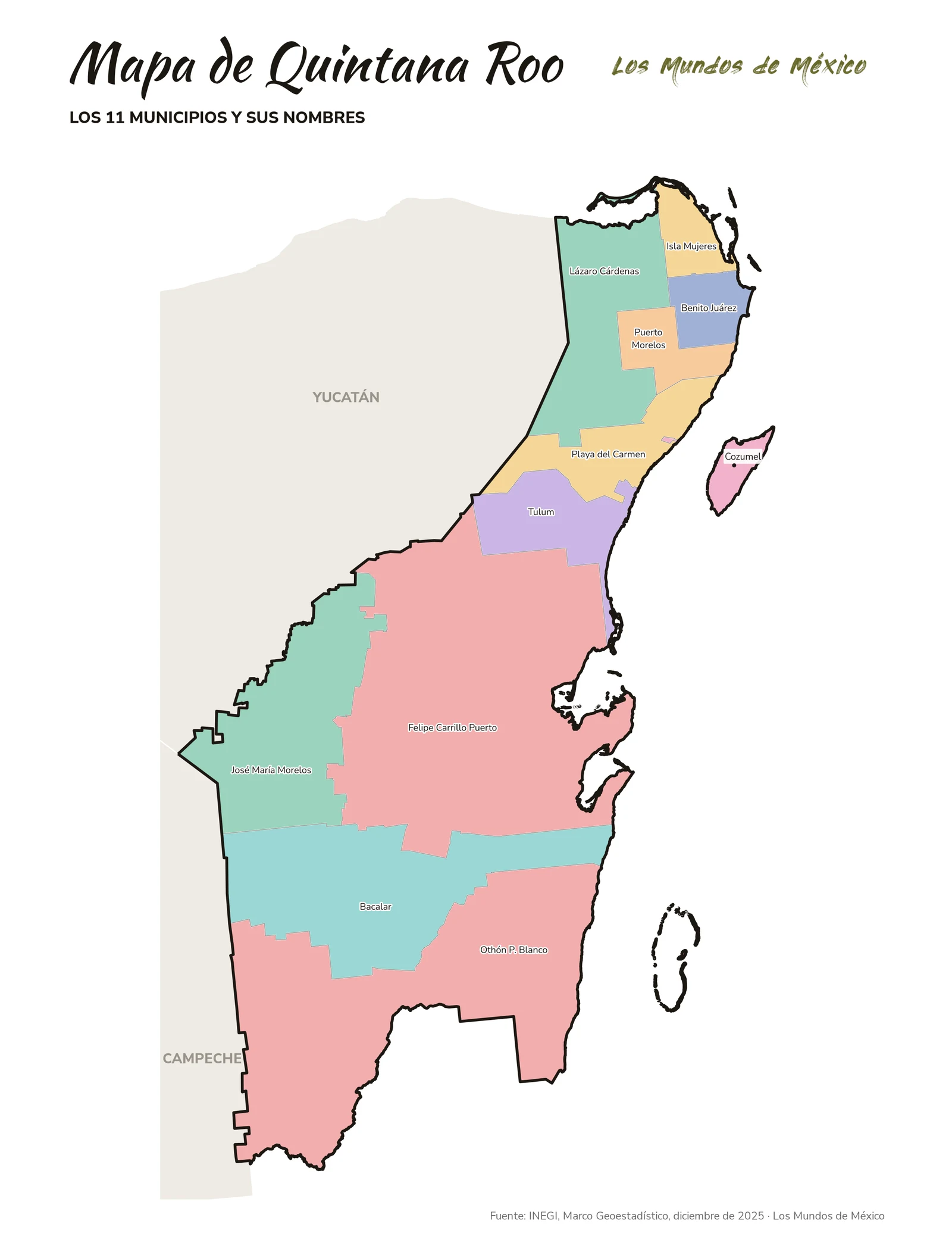 Mapa de Quintana Roo con nombres de municipios