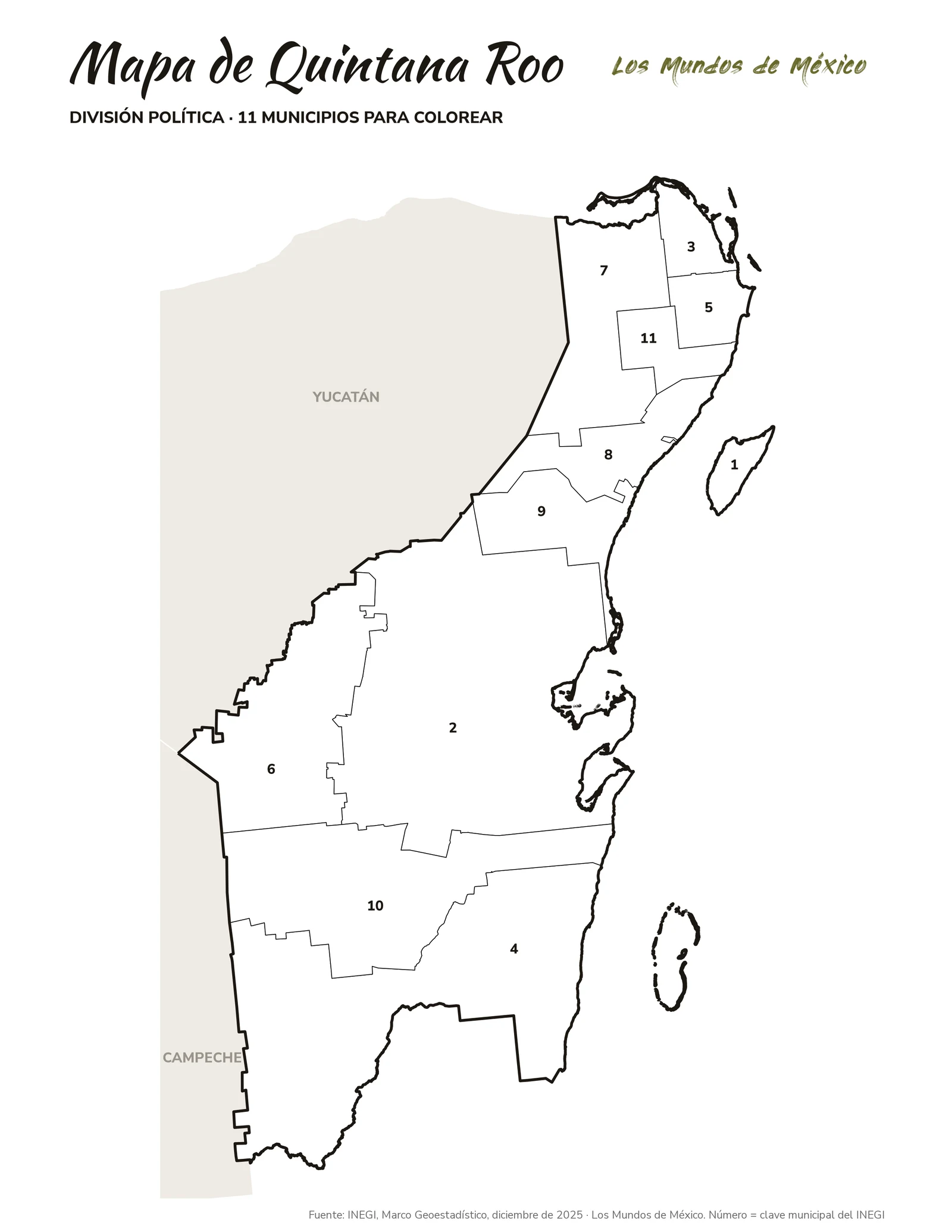 Mapa de Quintana Roo: división política para colorear