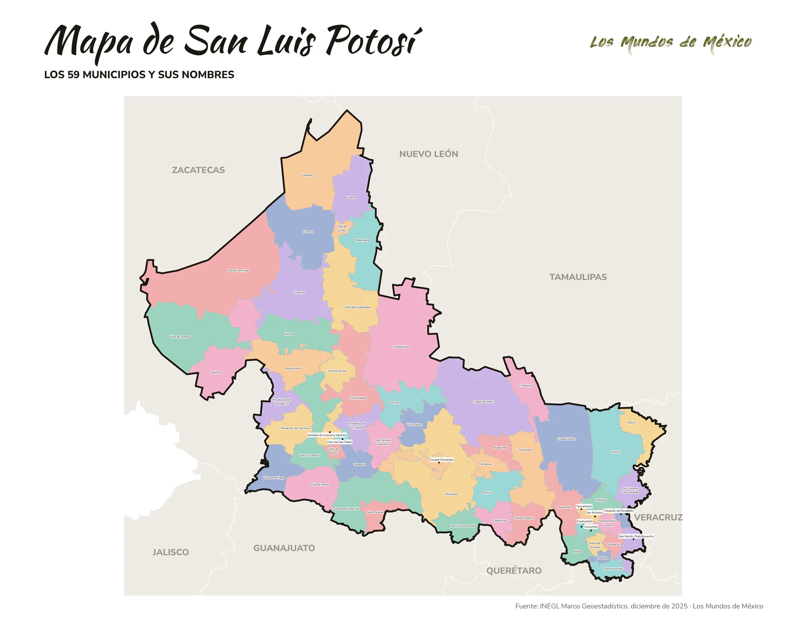 Mapa de San Luis Potosí con nombres de municipios