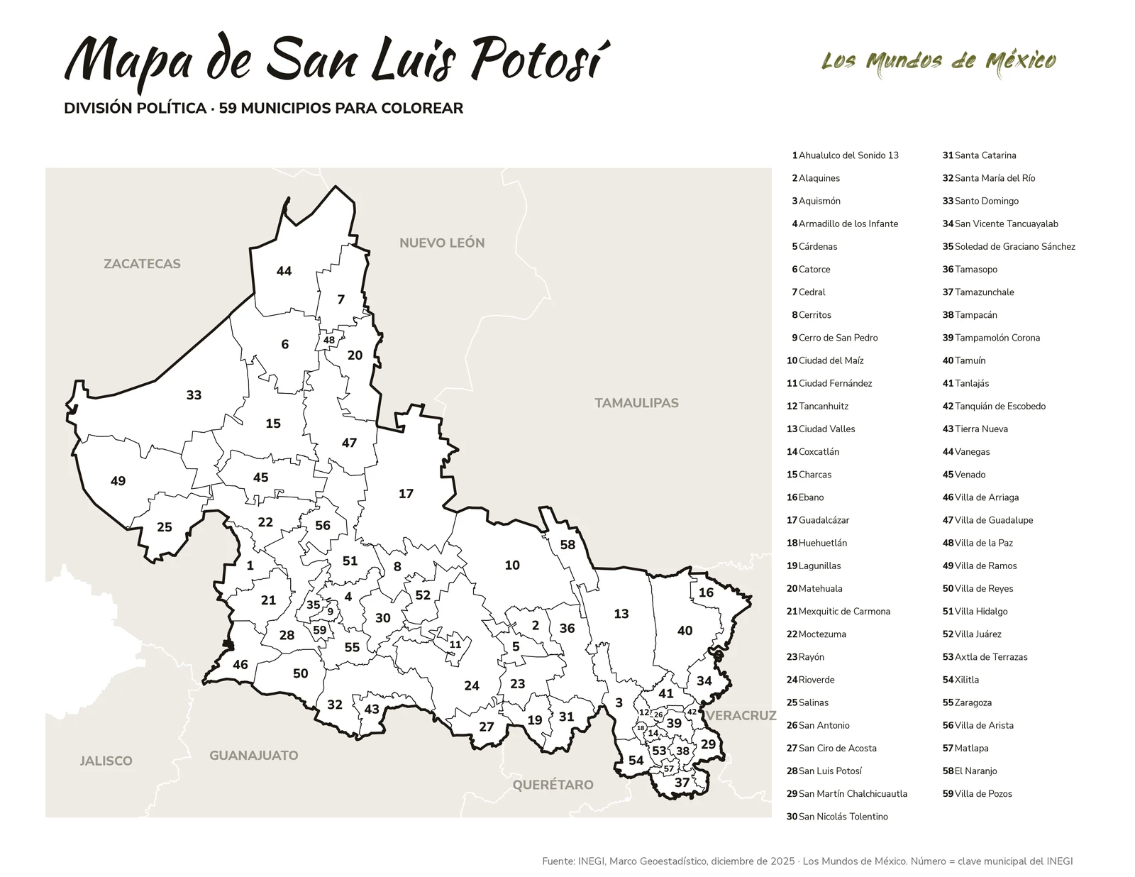 Mapa de San Luis Potosí: división política para colorear
