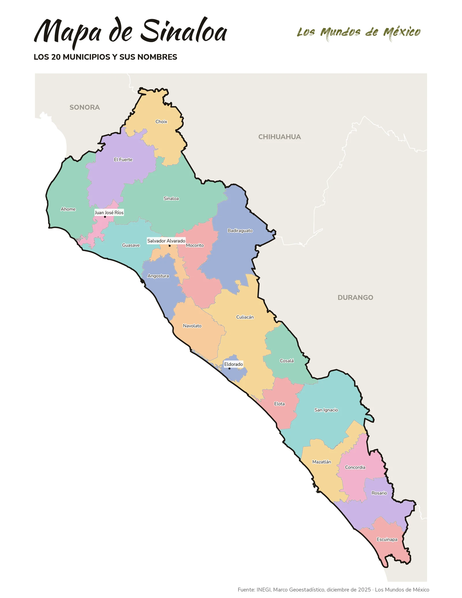 Mapa de Sinaloa con nombres de municipios
