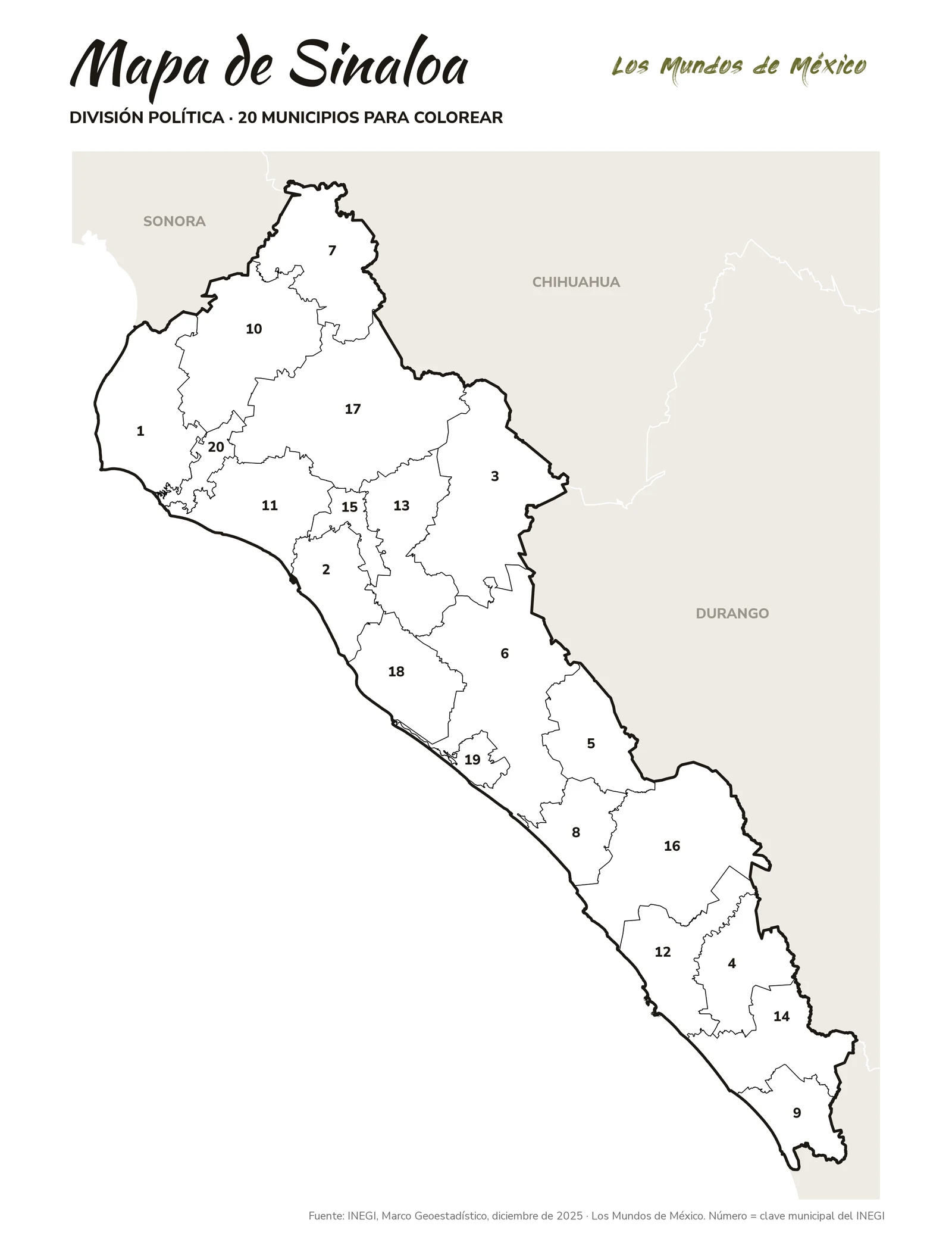Mapa de Sinaloa: división política para colorear