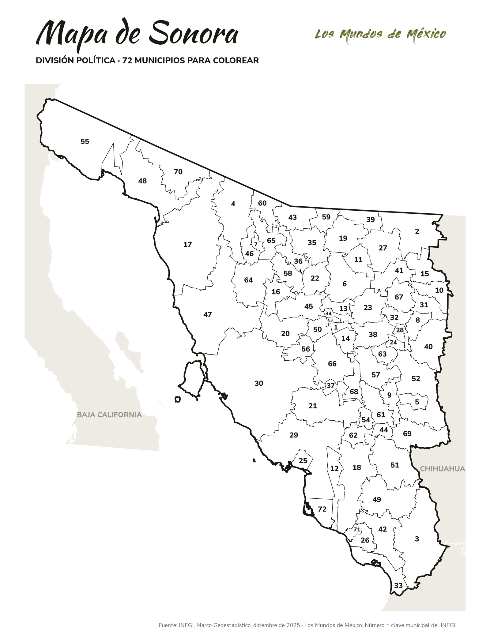 Mapa de Sonora: división política para colorear