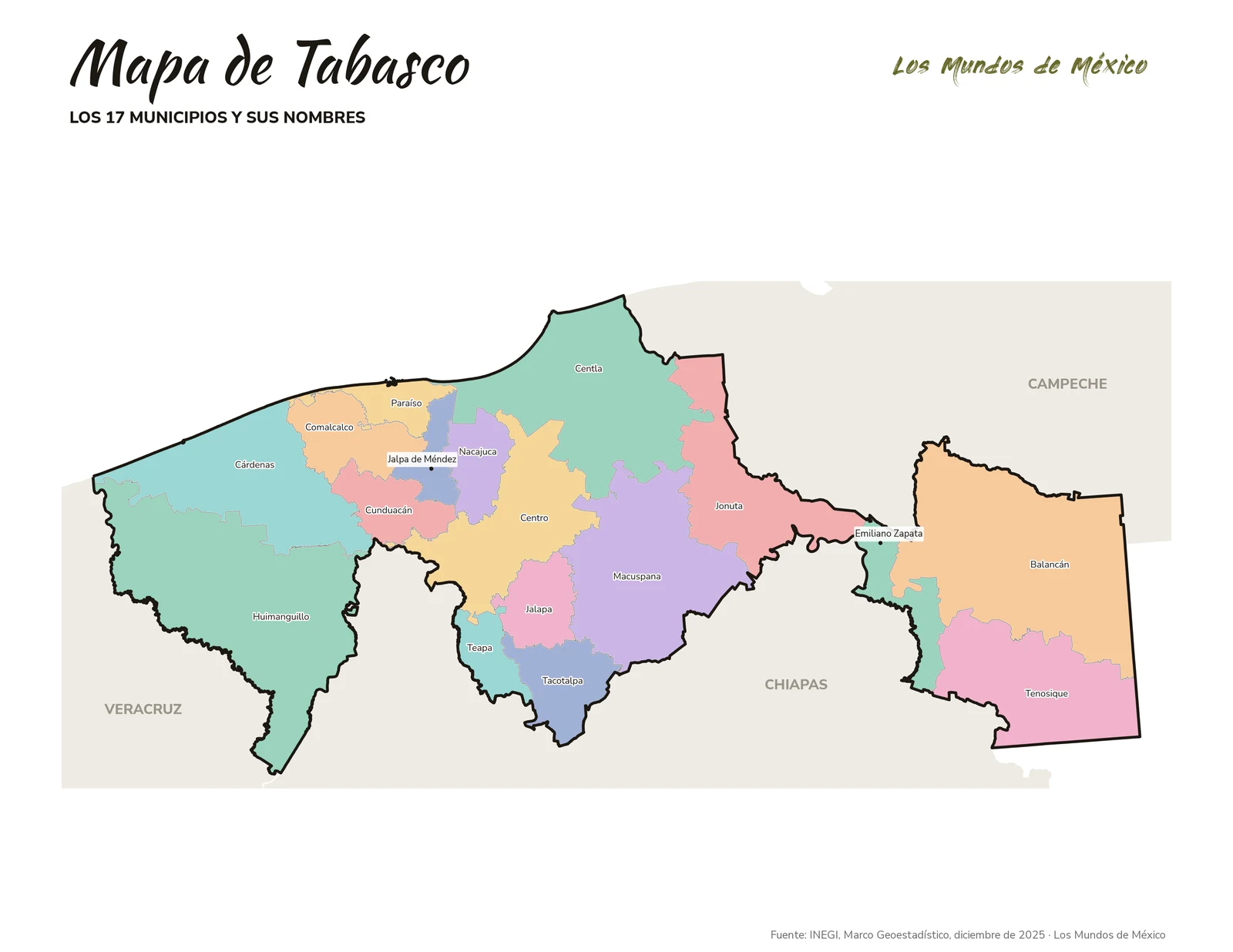 Mapa de los municipios de Tabasco con nombres