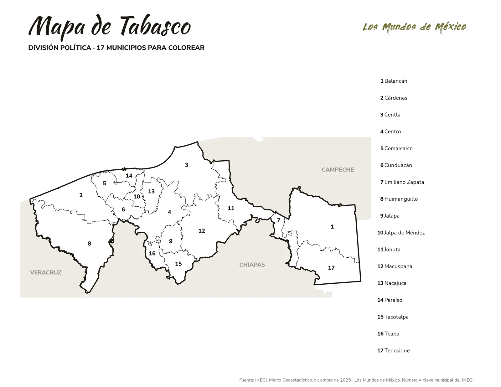 Mapa de Tabasco: división política para colorear