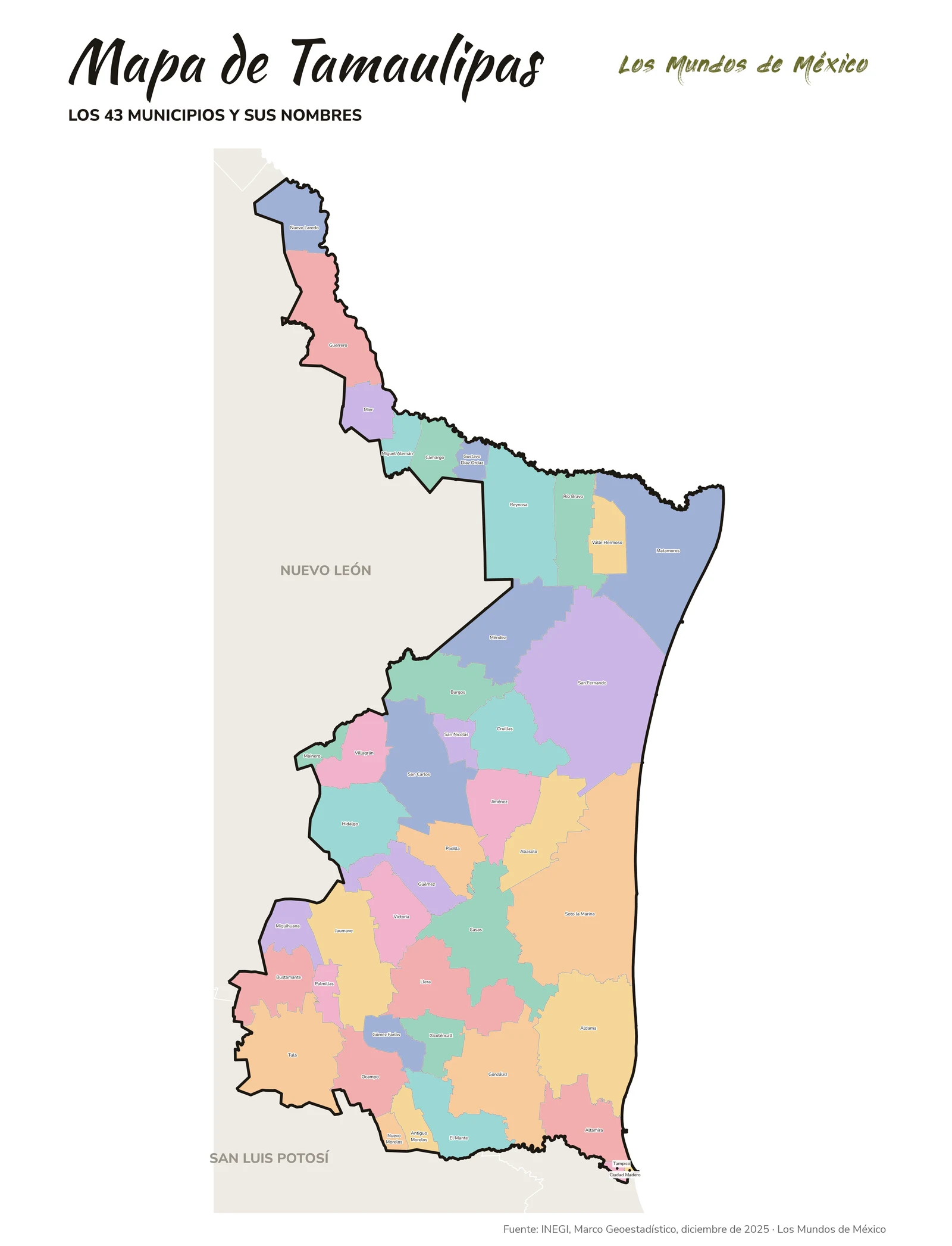 Mapa de Tamaulipas con nombres de municipios