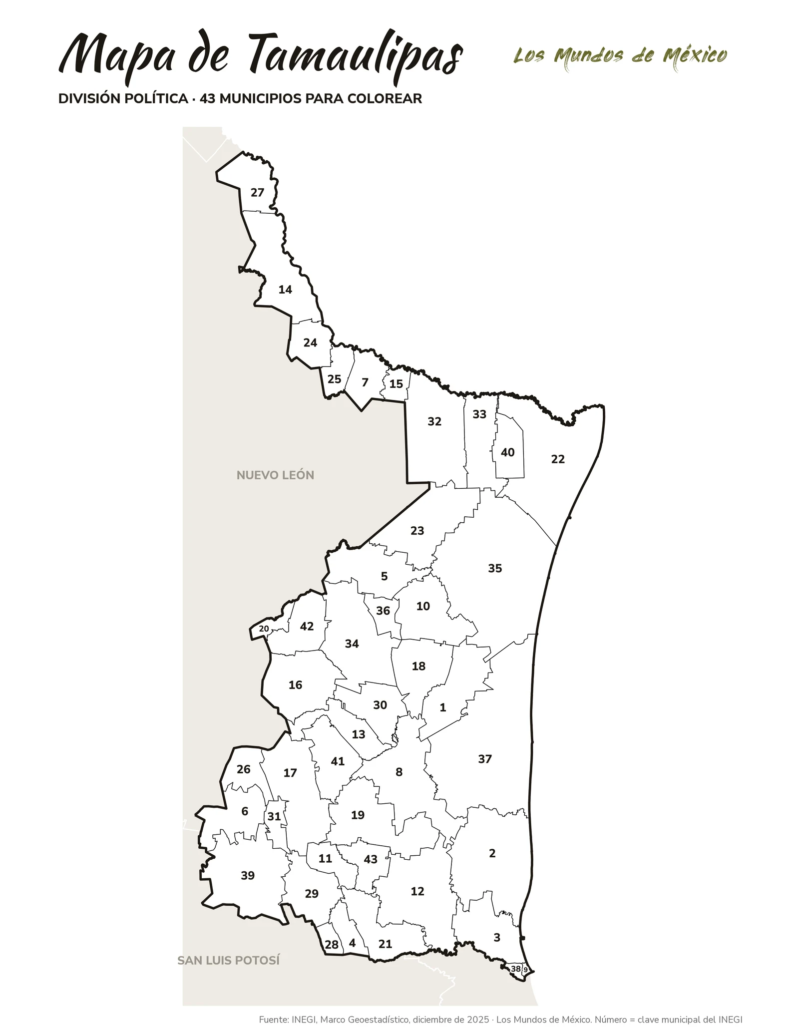 Mapa de Tamaulipas: división política para colorear