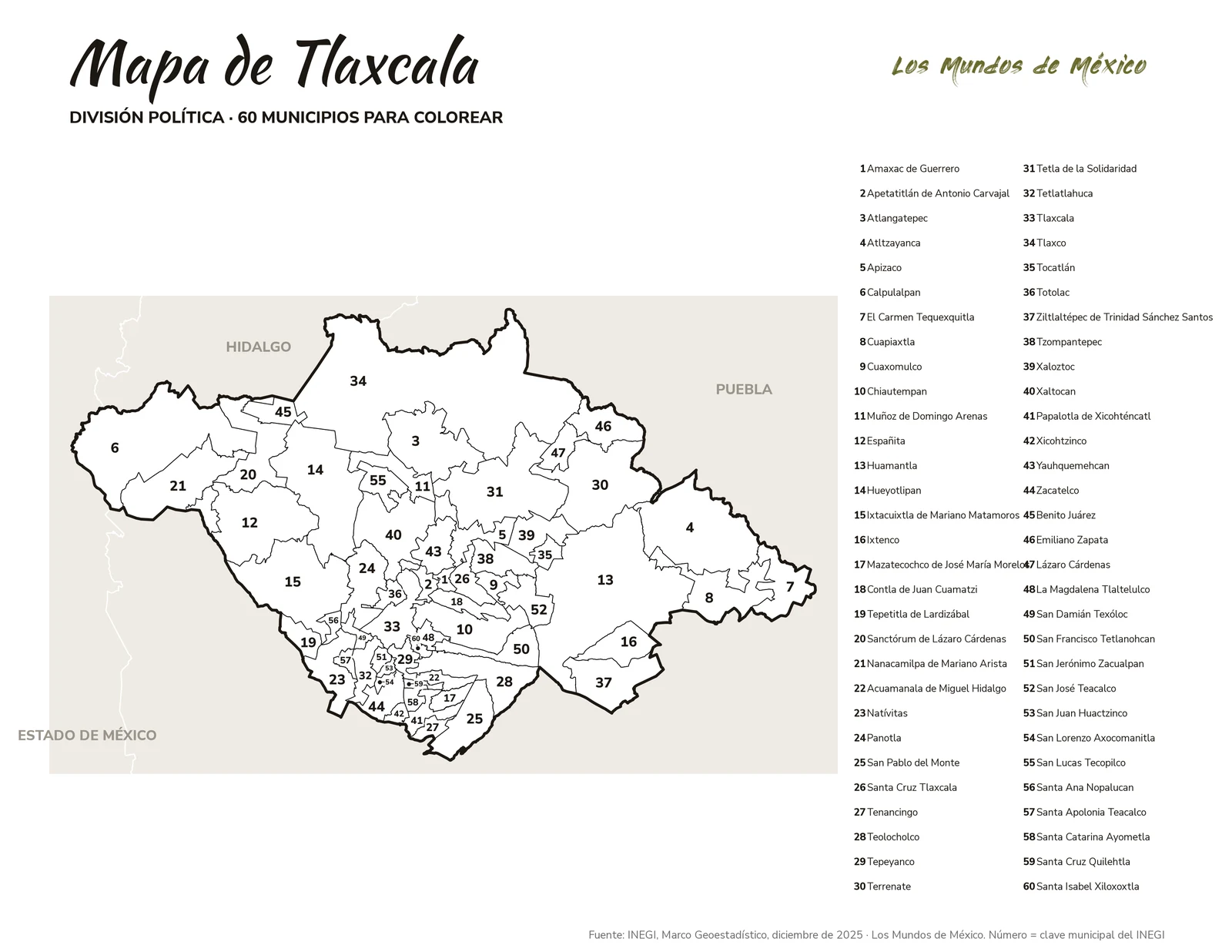 Mapa de Tlaxcala: división política para colorear