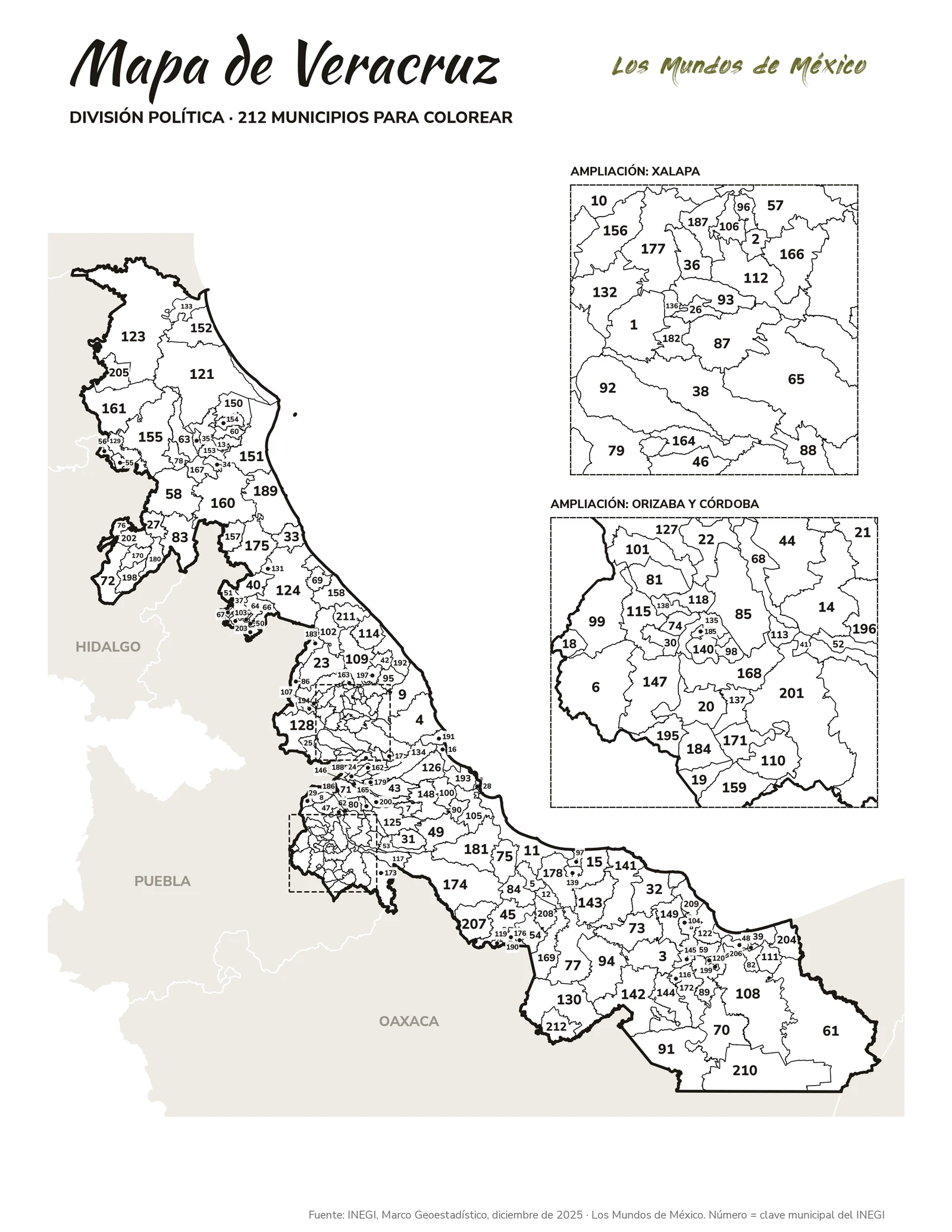 Mapa de Veracruz de Ignacio de la Llave: división política para colorear