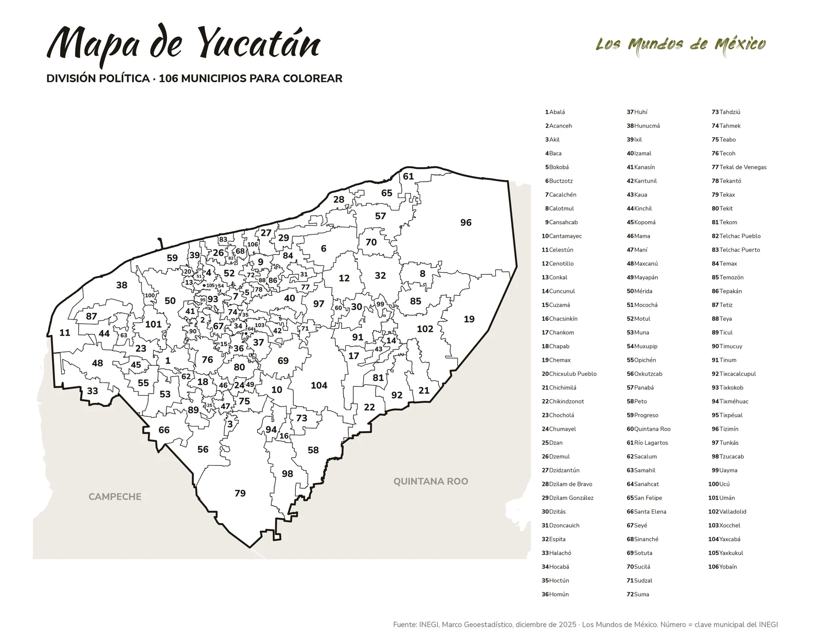 Mapa de Yucatán: división política para colorear