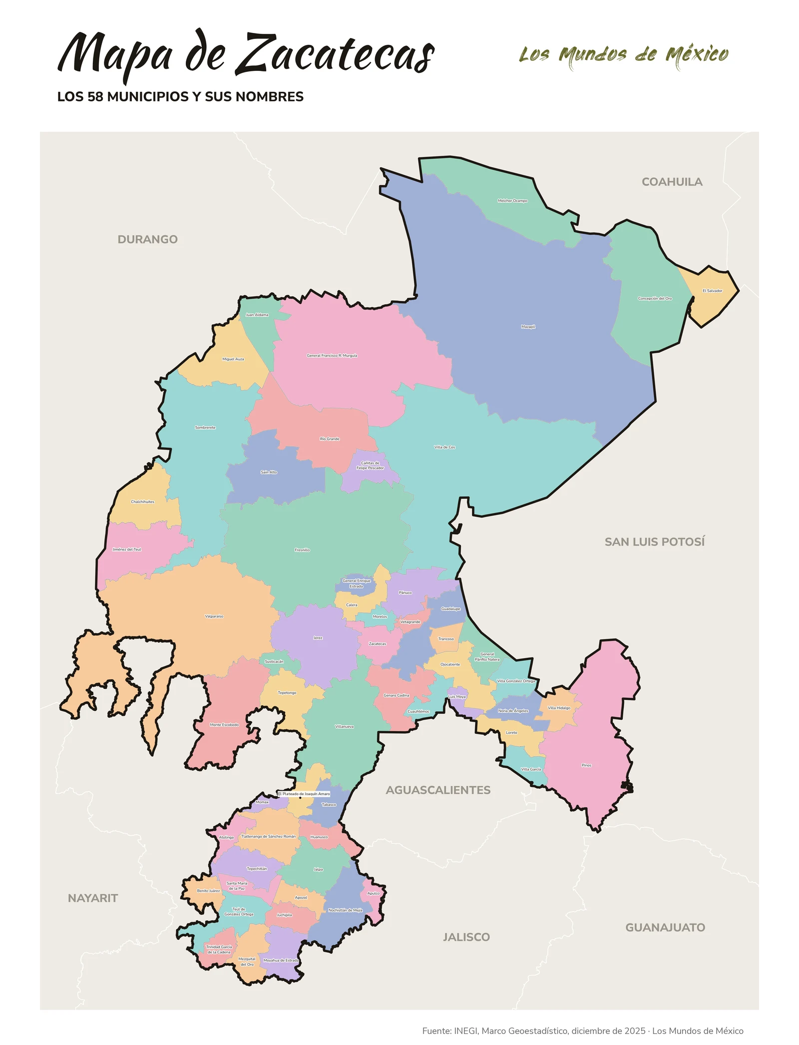 Mapa de Zacatecas con nombres de municipios